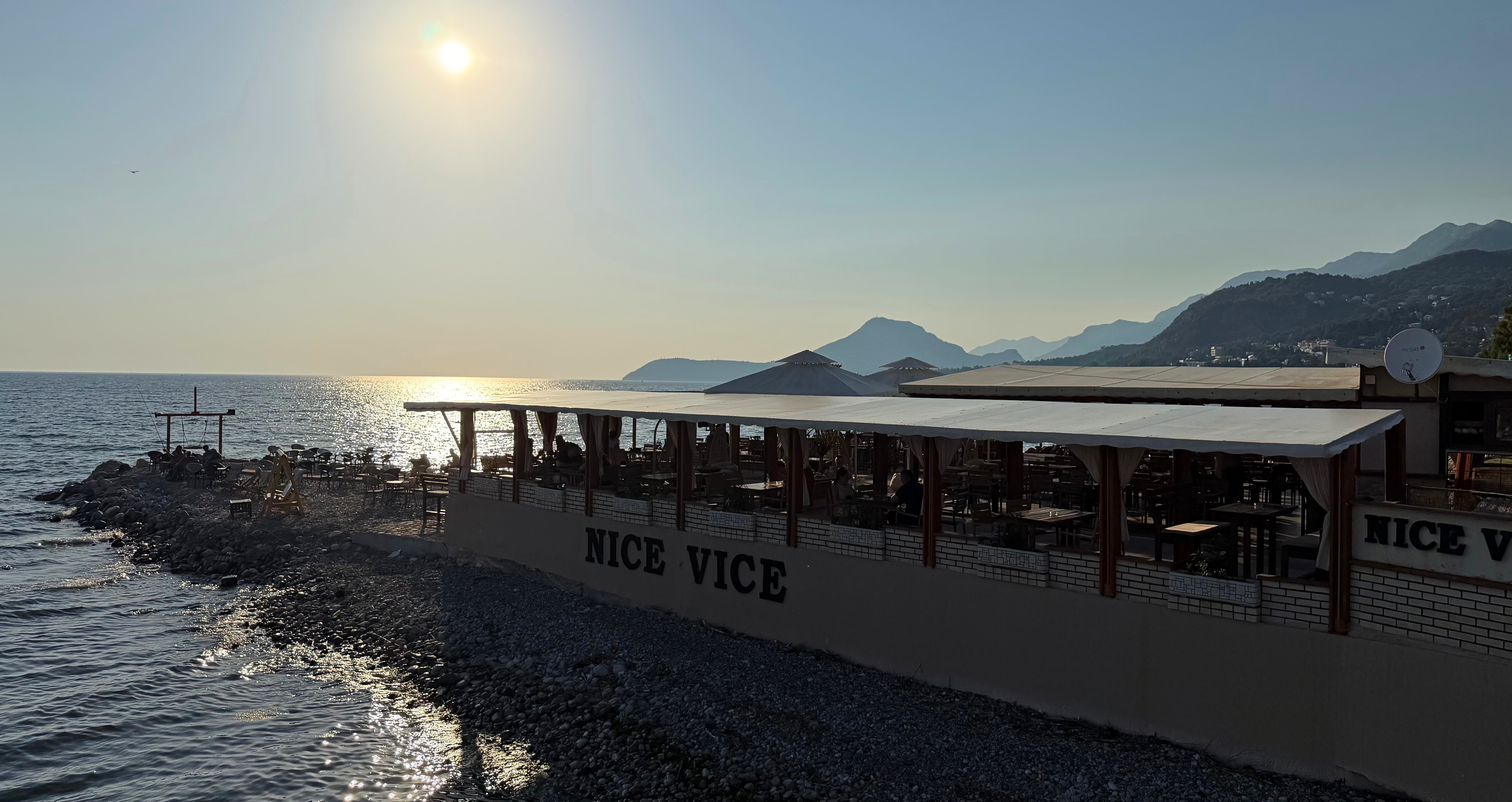 A beach bar along Bar’s promenade near the rocky shoreline.
