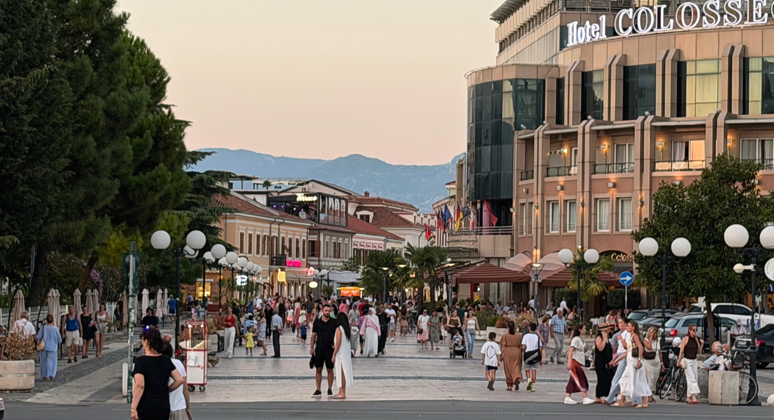 Crowds filling Kolë Idromeno during the evening xhiro in Shkodër.