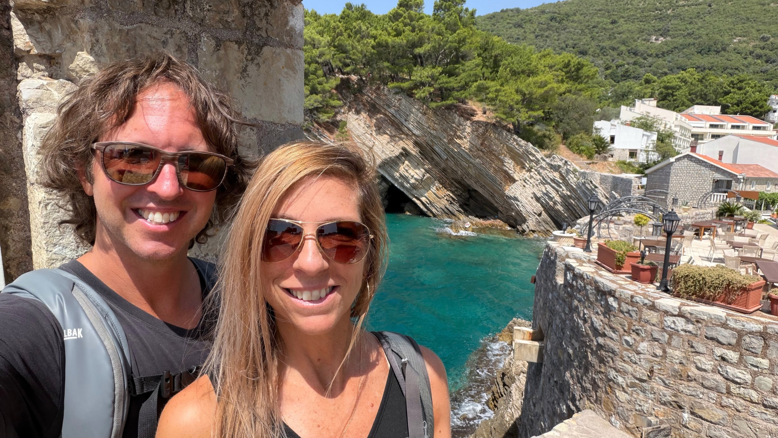 Sam and Stephanie together above the coast in Petrovac, Montenegro.
