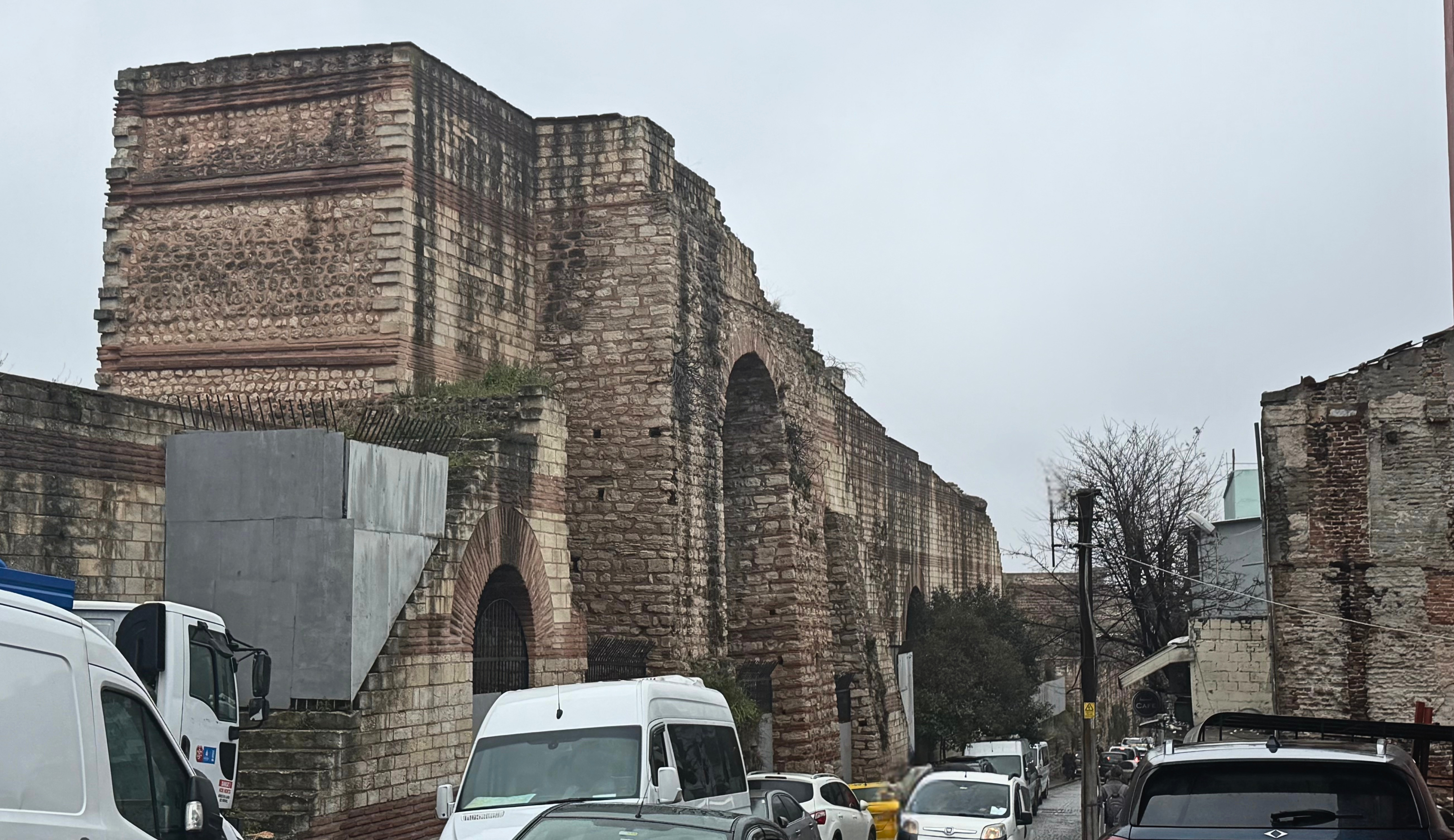 The old stone land walls of Constantinople along an Istanbul street.