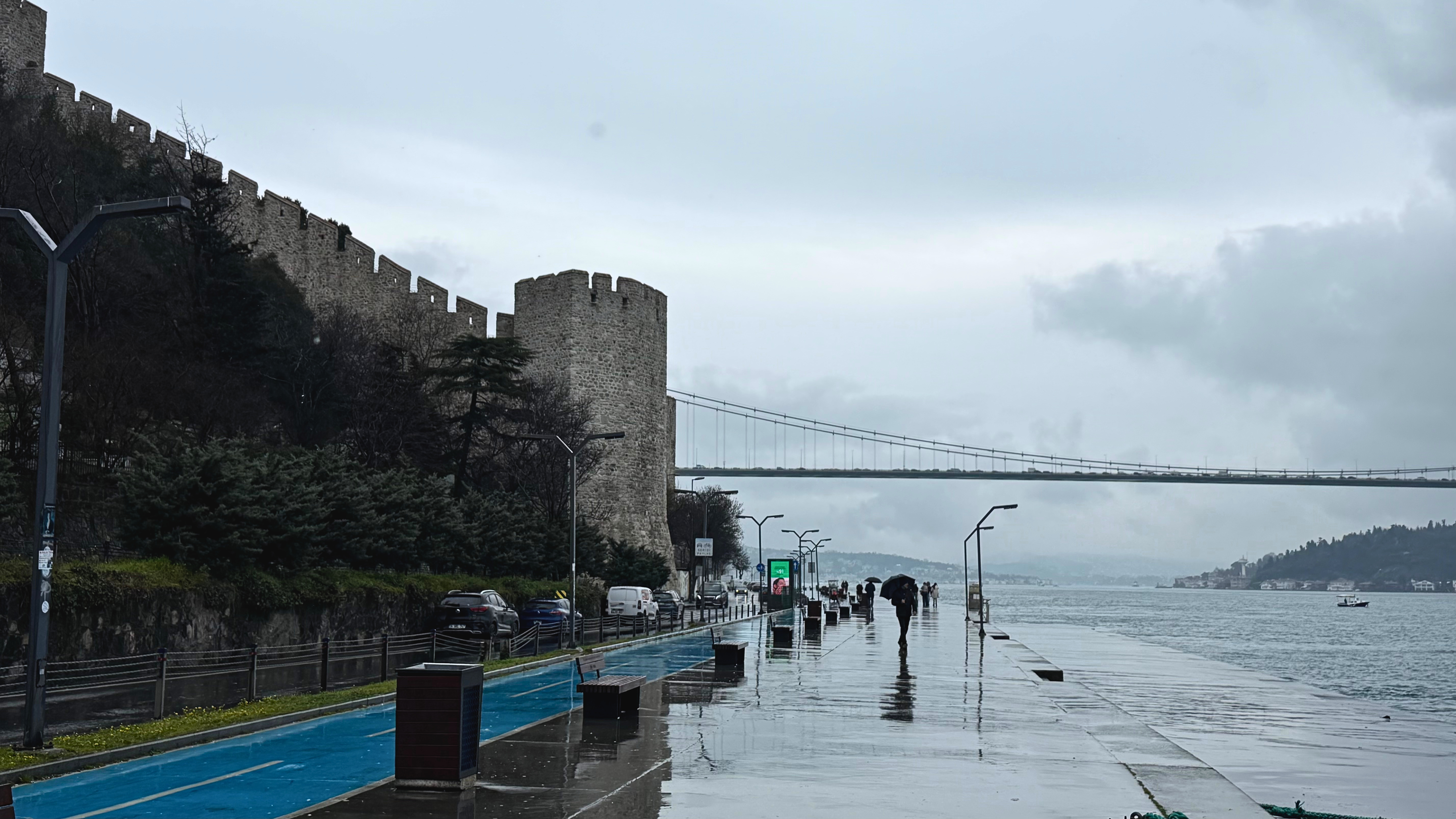 A rainy Bosphorus waterfront beneath Rumeli Fortress, with wet pavement, umbrellas, and the bridge in the distance.