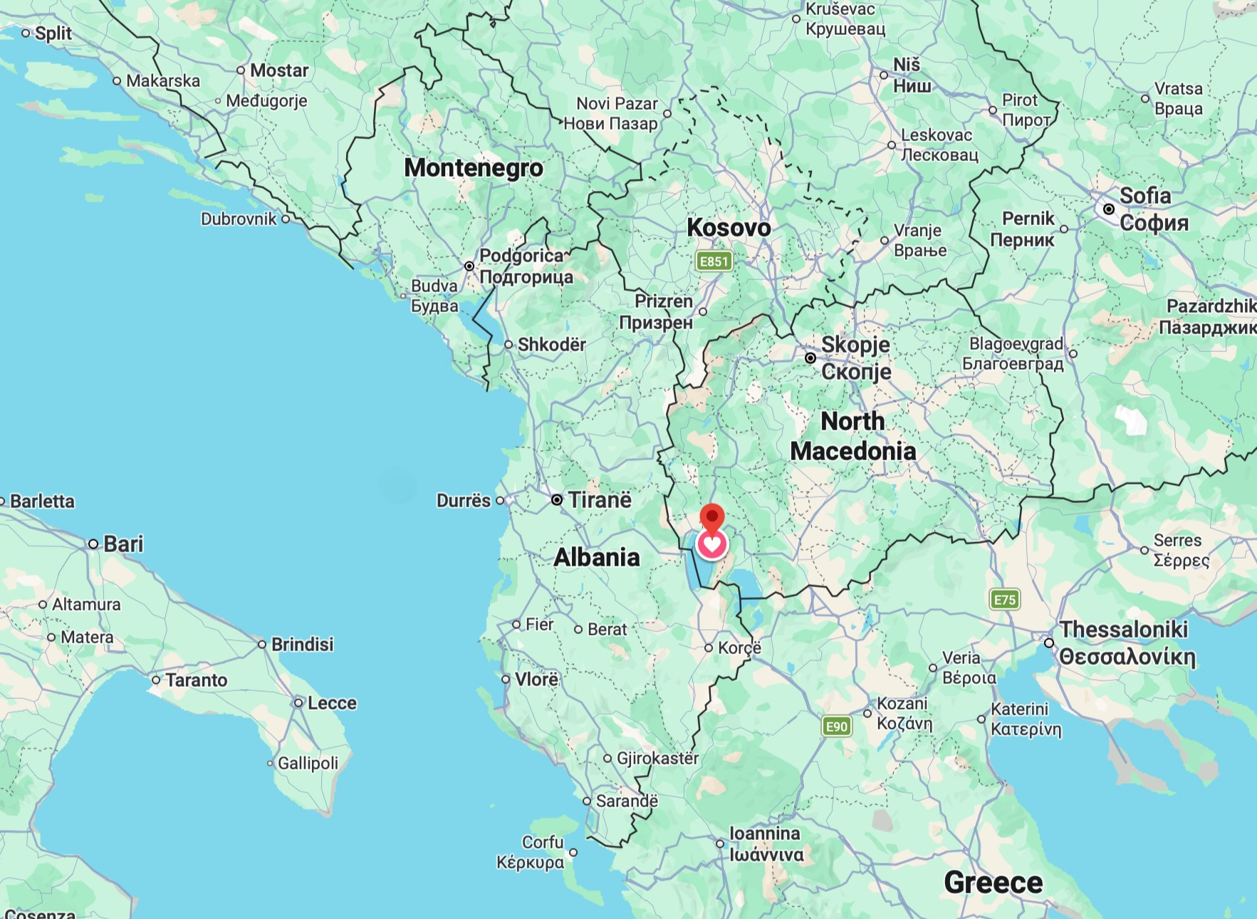 A map of the southern Balkans with Ohrid marked near Lake Ohrid in North Macedonia.