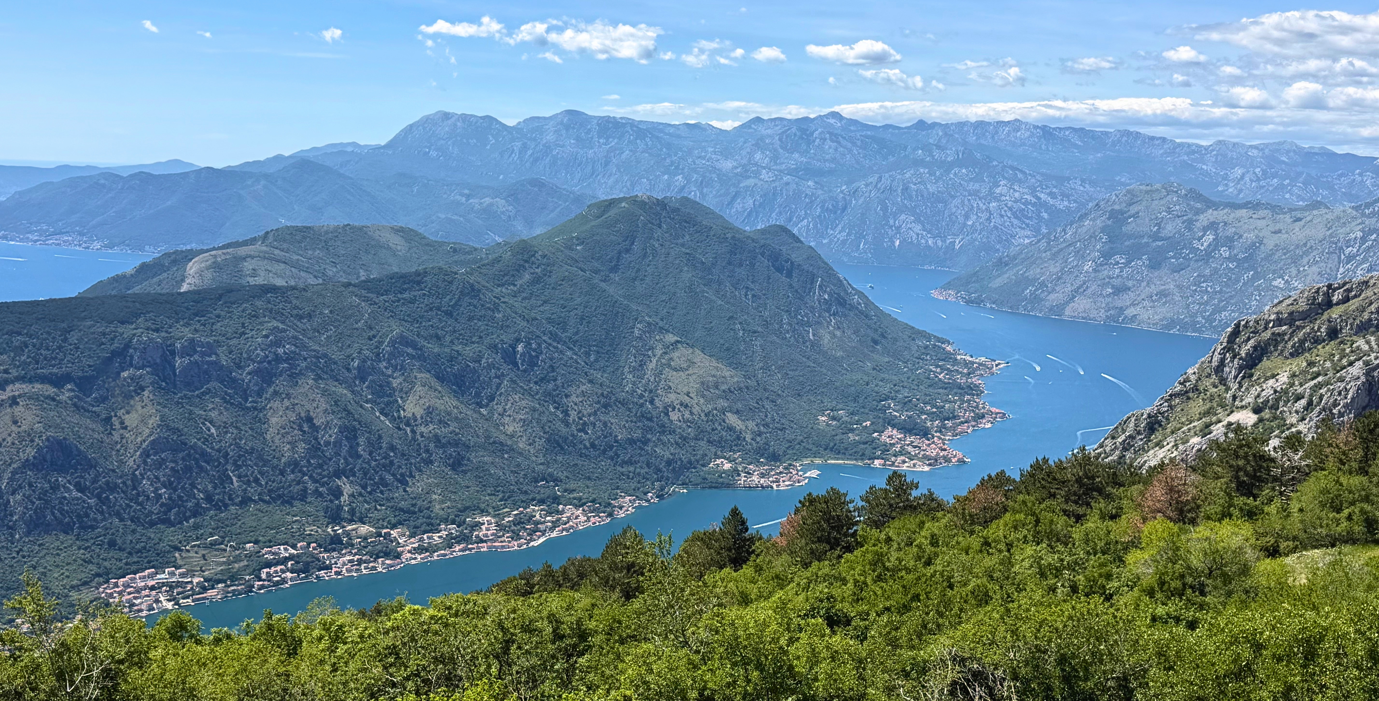 The Bay of Kotor seen from high on the mountain, water and villages spread below the ridges.