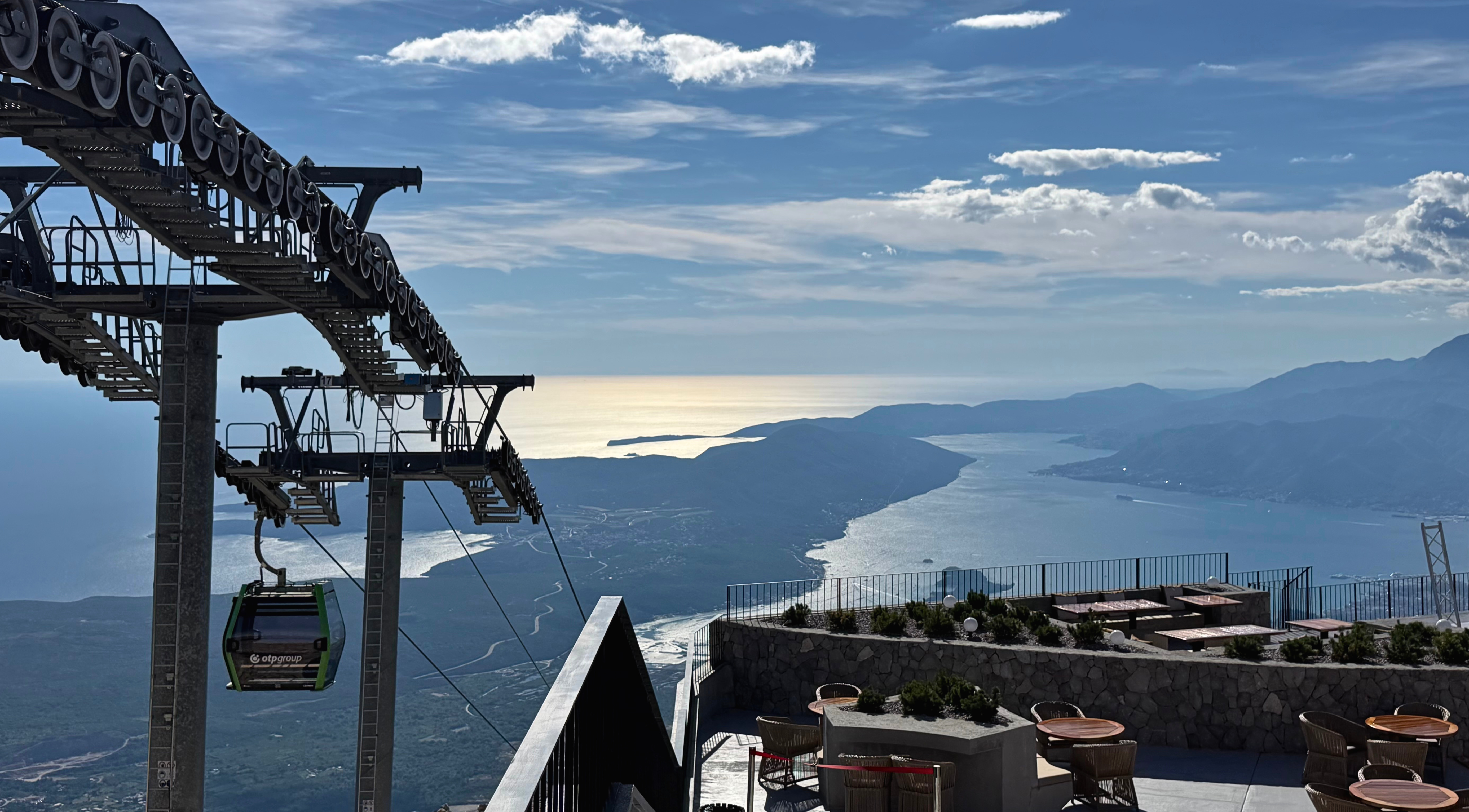 The view from the upper cable car station, the Bay of Kotor opening toward the Adriatic in layers.