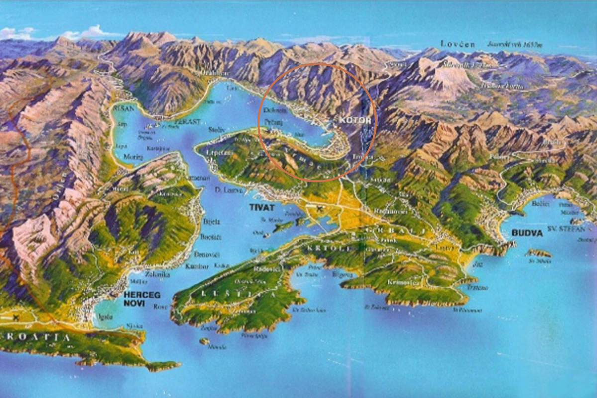A regional map showing Kotor, Tivat, Perast, Lovćen, Budva, and Sveti Stefan around the Bay of Kotor.