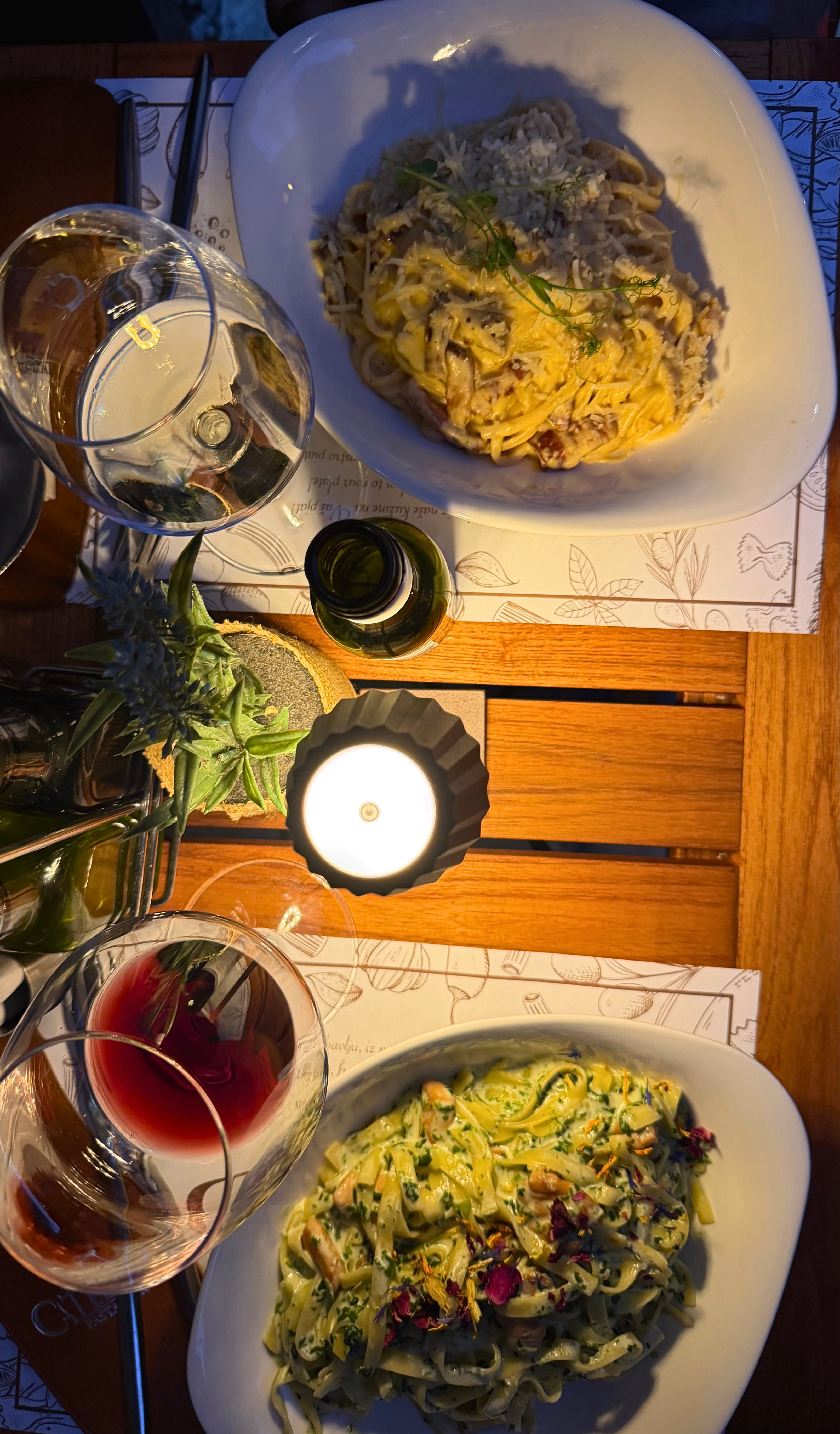 Birthday dinner in Kotor with pasta, wine, and candlelight on the table.