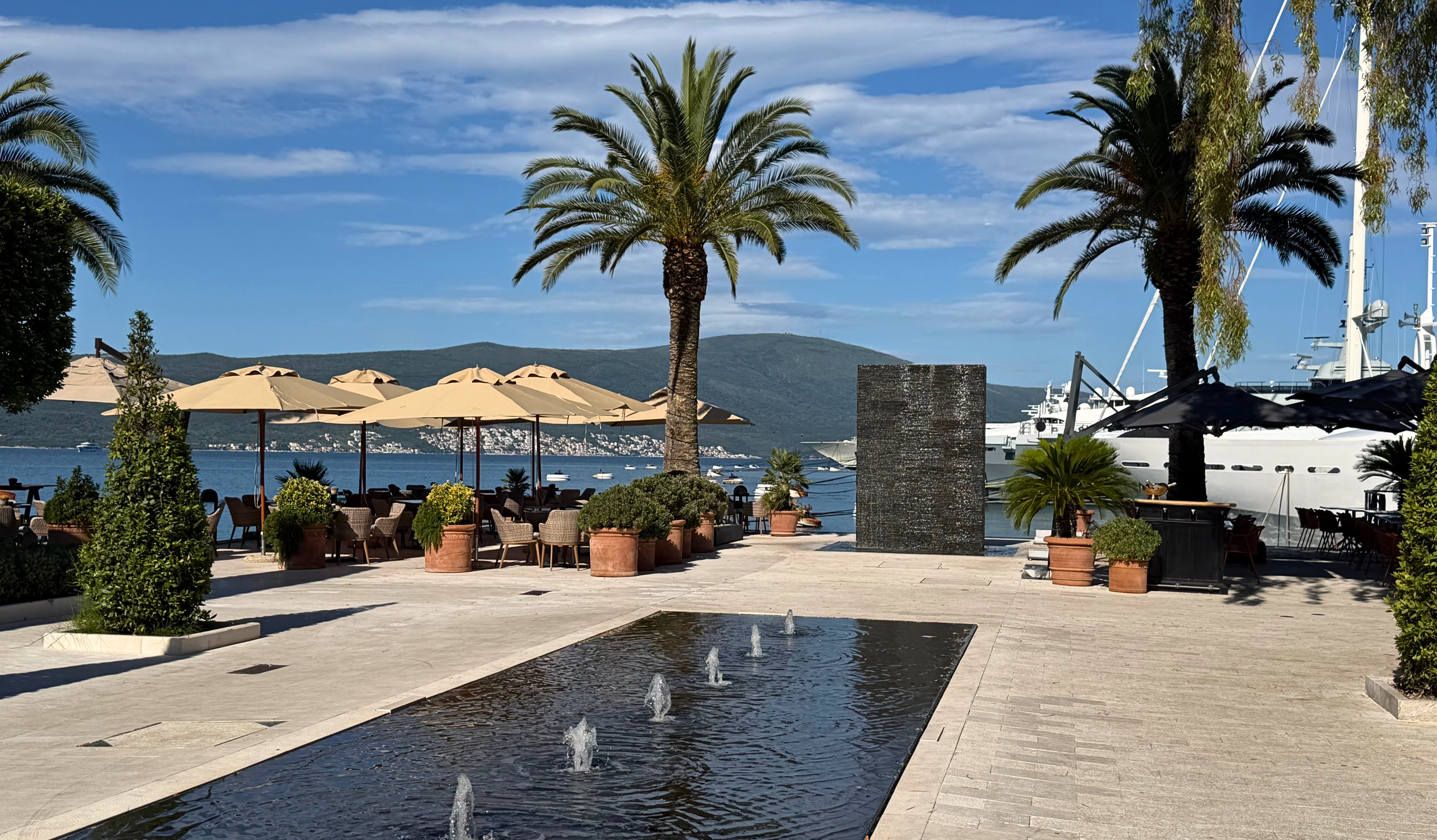 Tivat's polished waterfront, with palms, marina seating, still water, and superyachts at Porto Montenegro