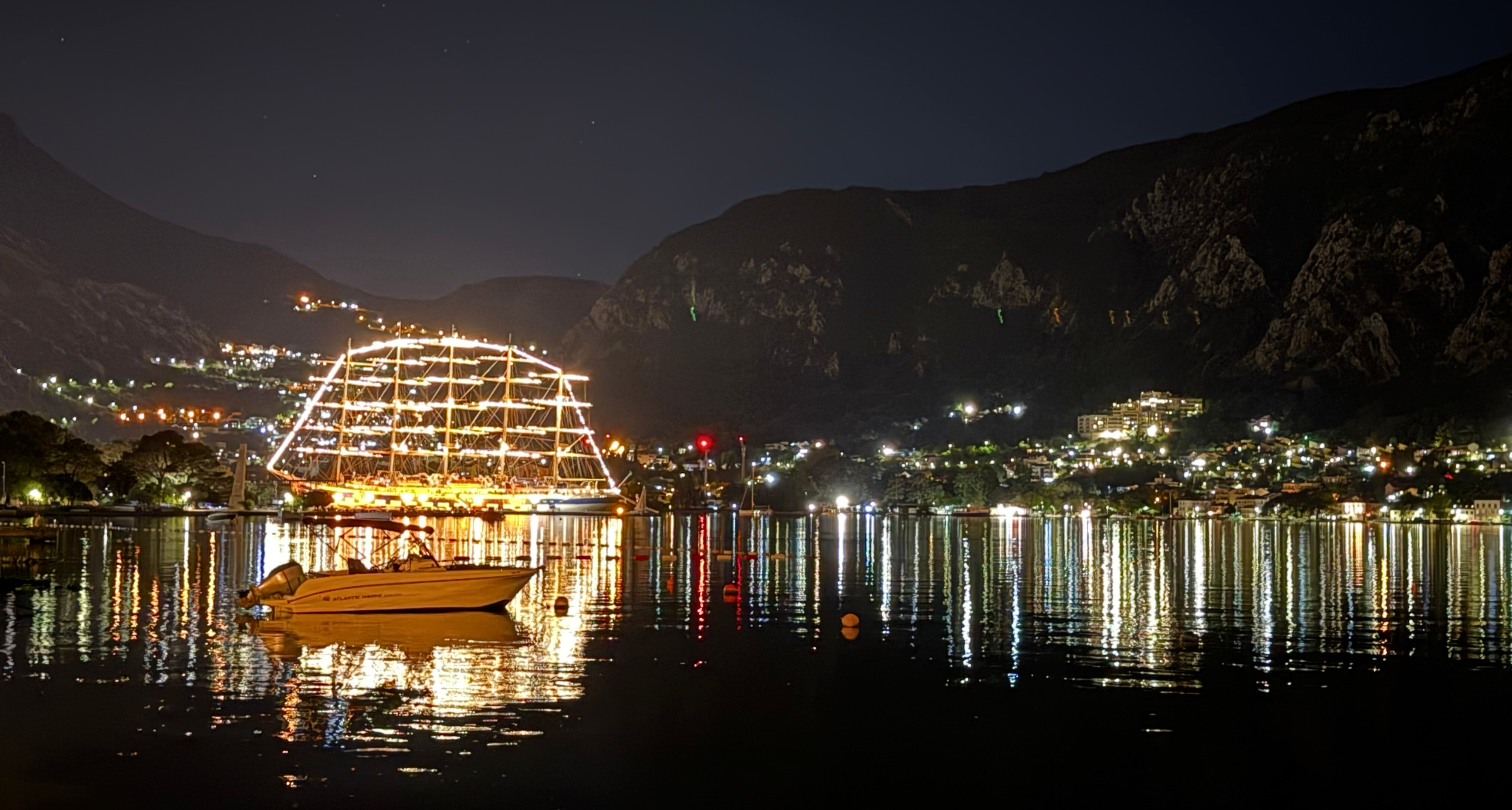 The Royal Clipper, a five-masted square-rigged ship, in the Bay of Kotor