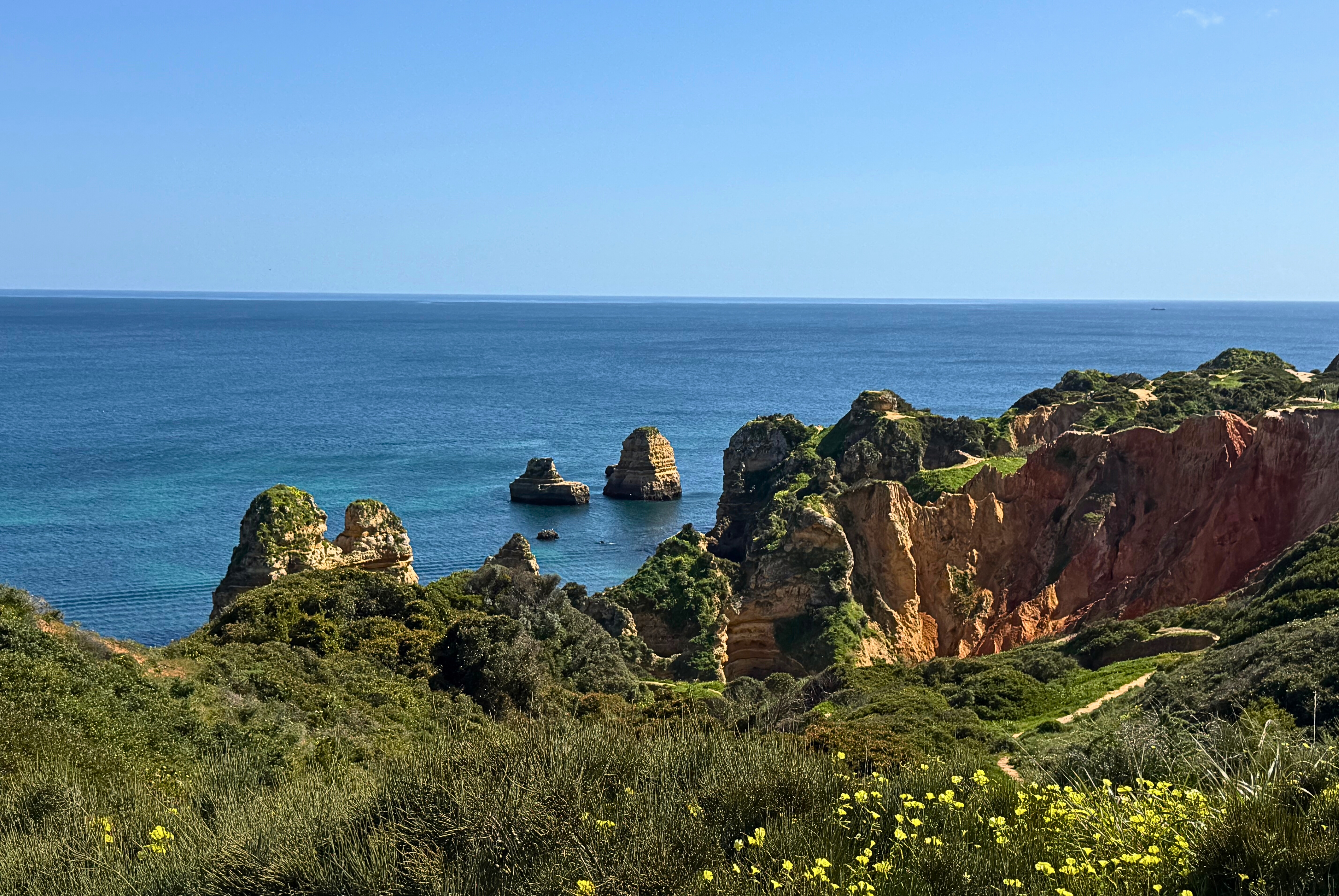 The Algarve coastline seen from above with ochre cliffs, blue water, and Atlantic light.