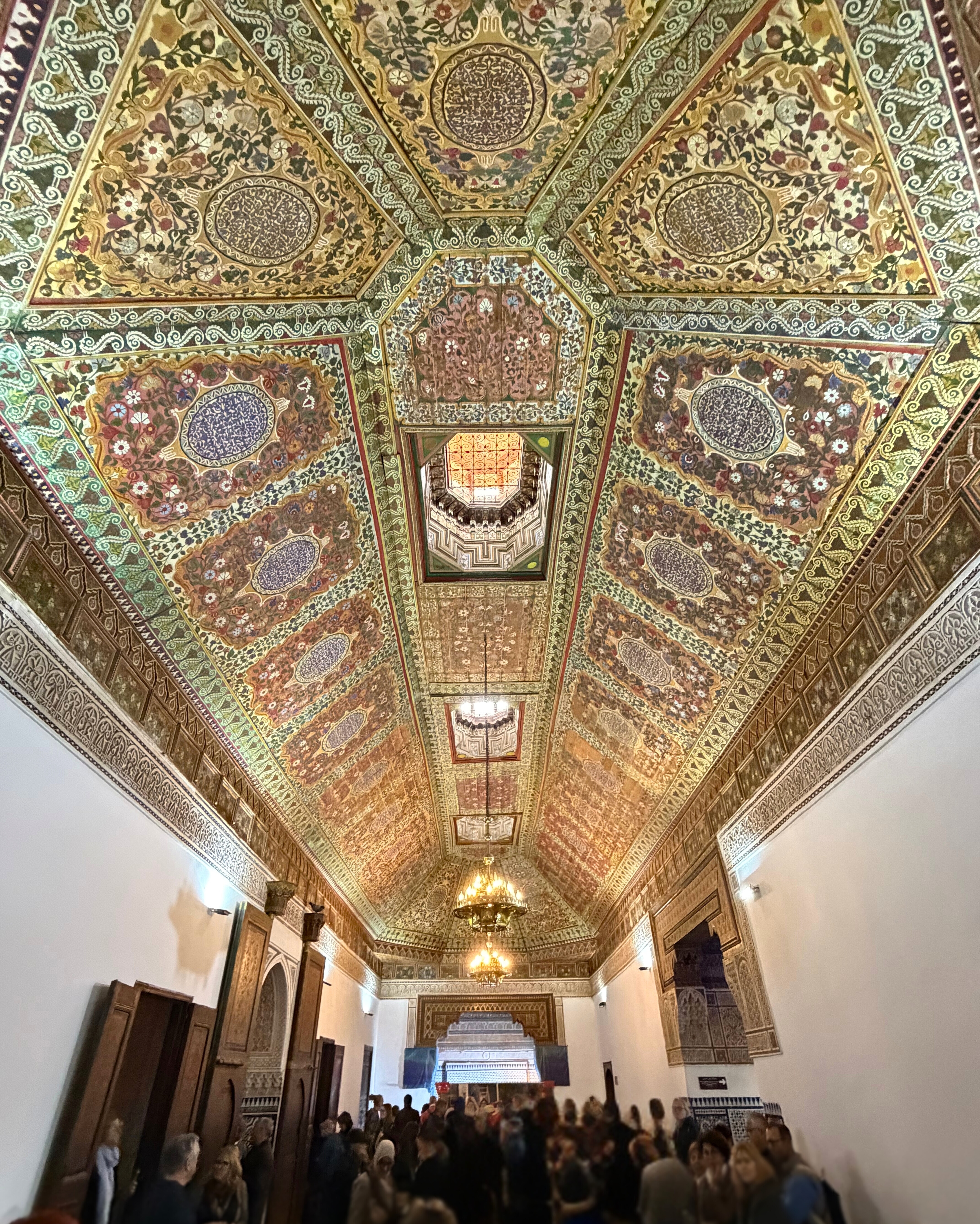 An ornate ceiling and archway at Bahia Palace in Marrakesh.