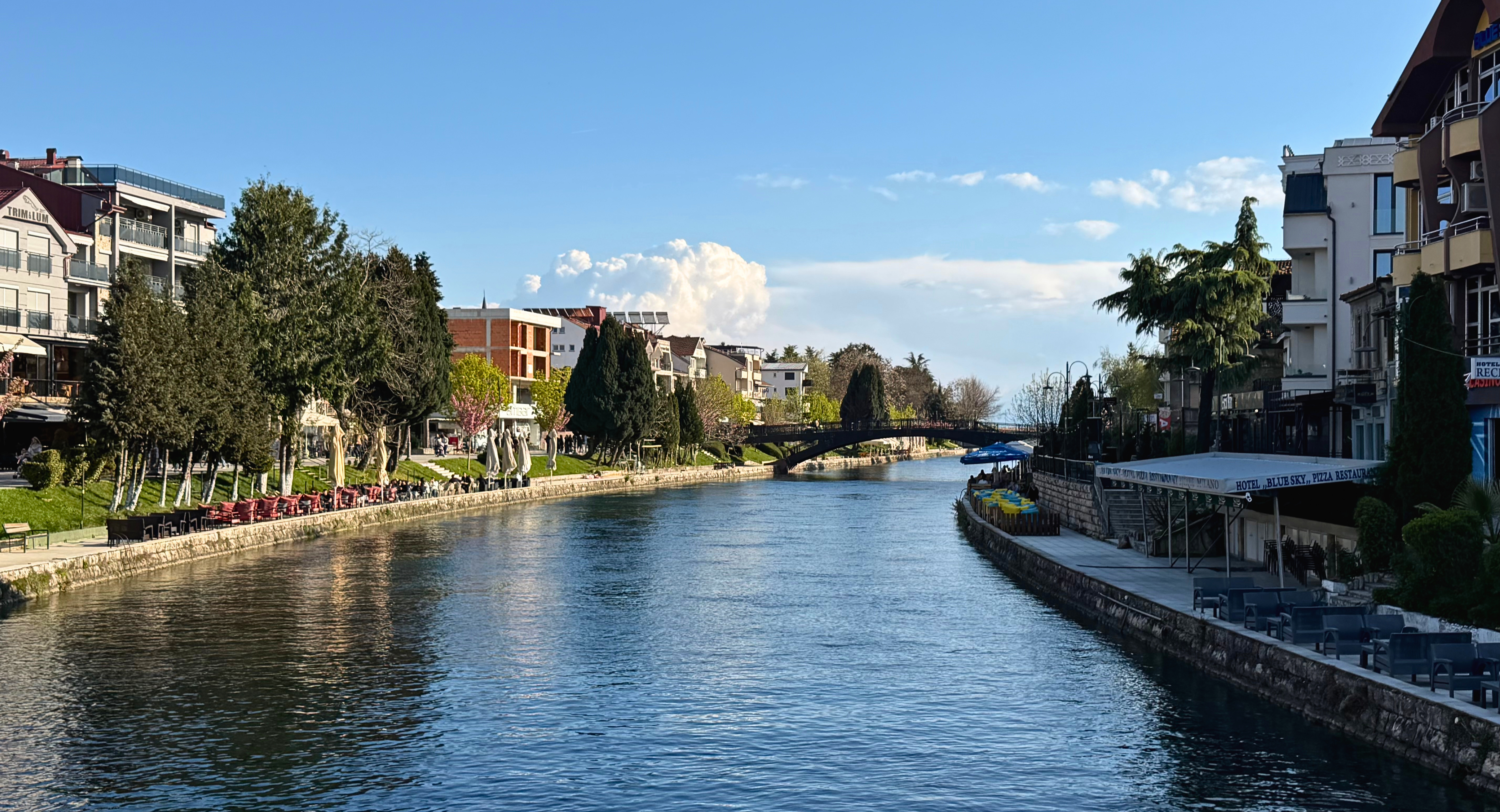 The Drim River promenade in Struga with the river and town walkway in view