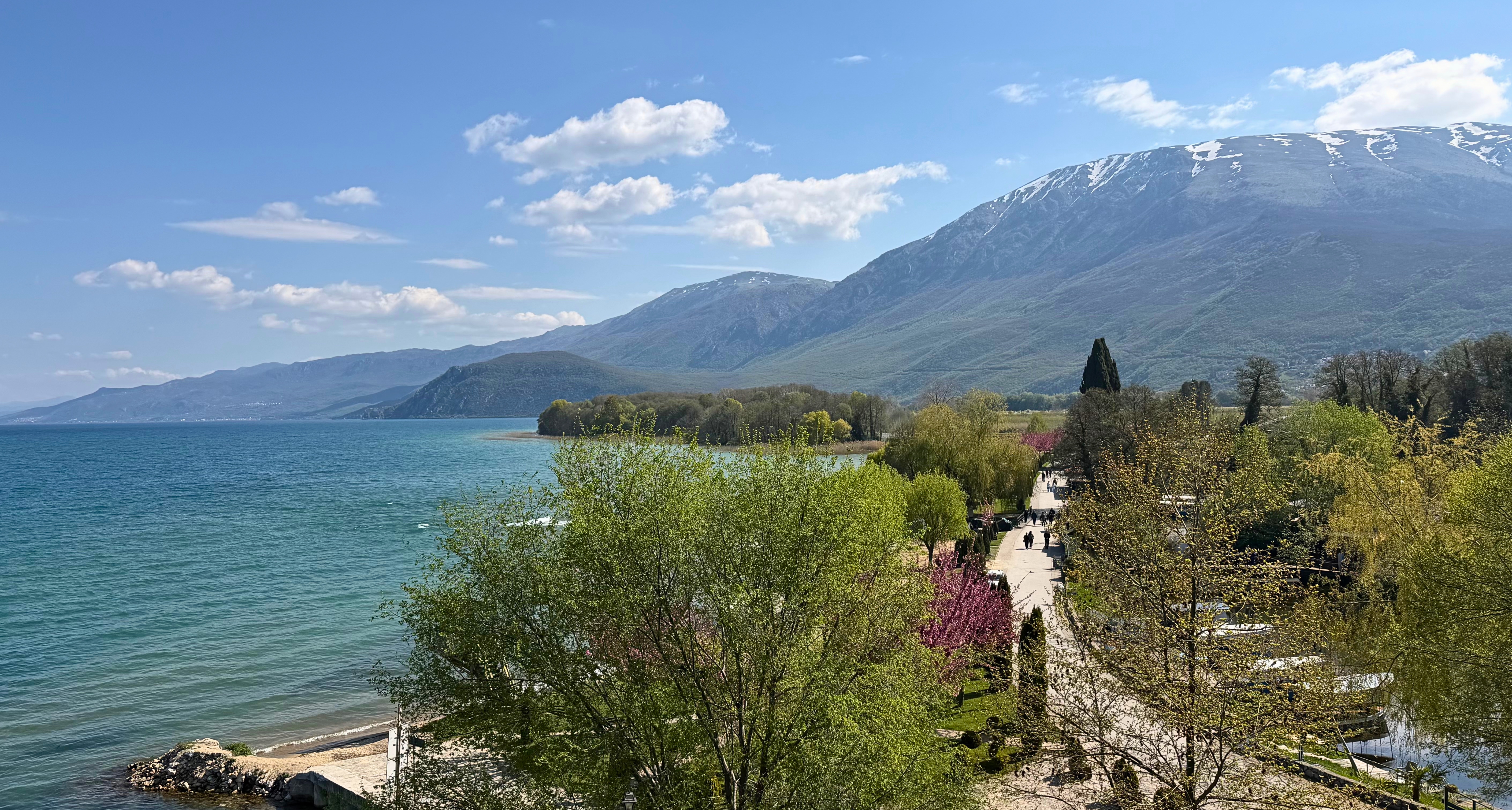The grounds at Saint Naum with Lake Ohrid and mountains near the shore