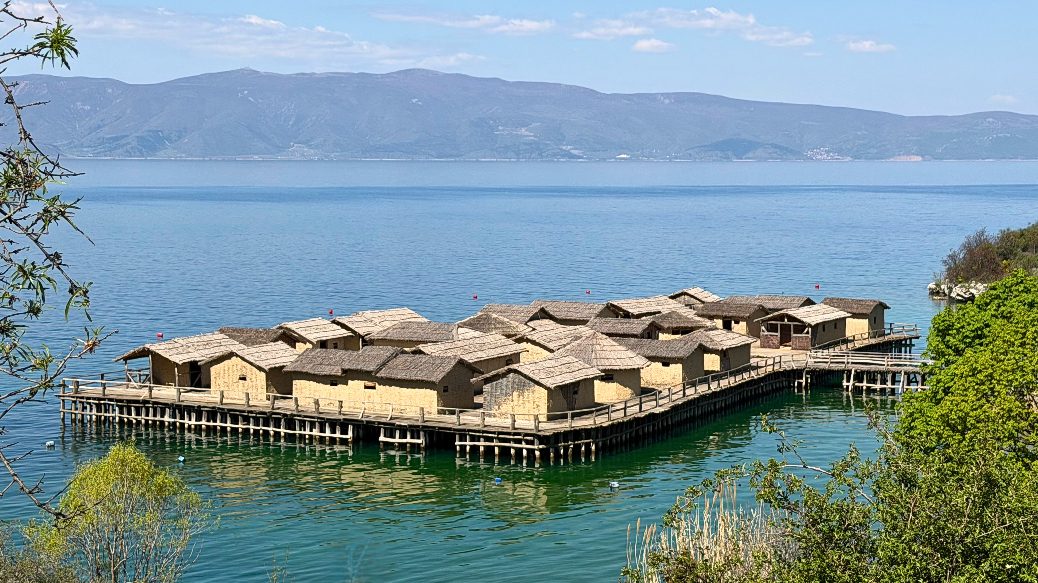 Bay of Bones reconstructed lakeside settlement over Lake Ohrid
