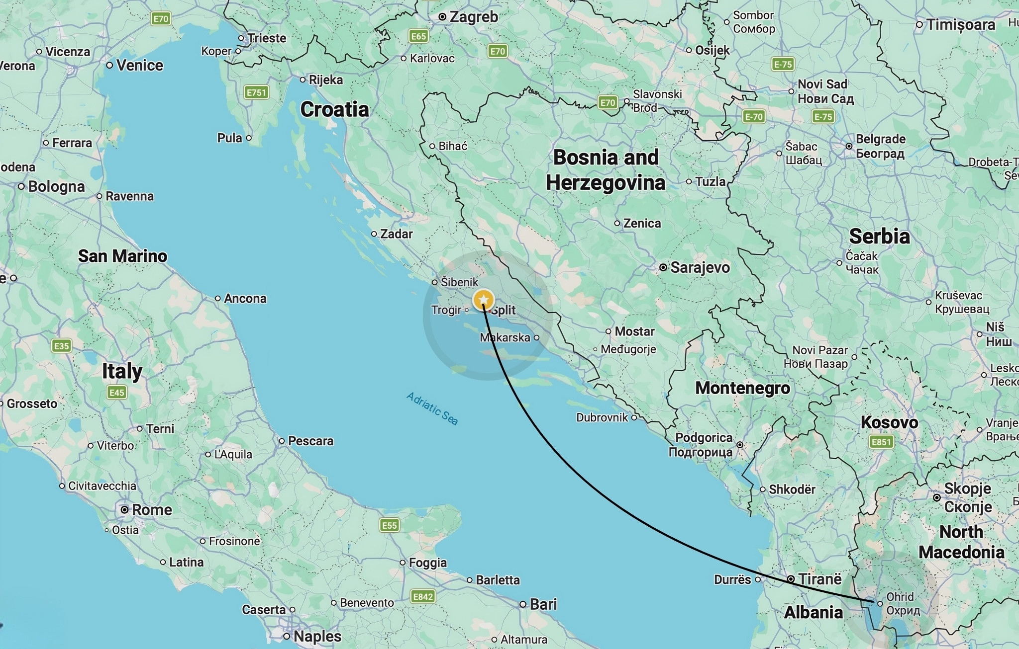 A map showing the route from Ohrid, North Macedonia, across Albania and the Adriatic region toward Split, Croatia.