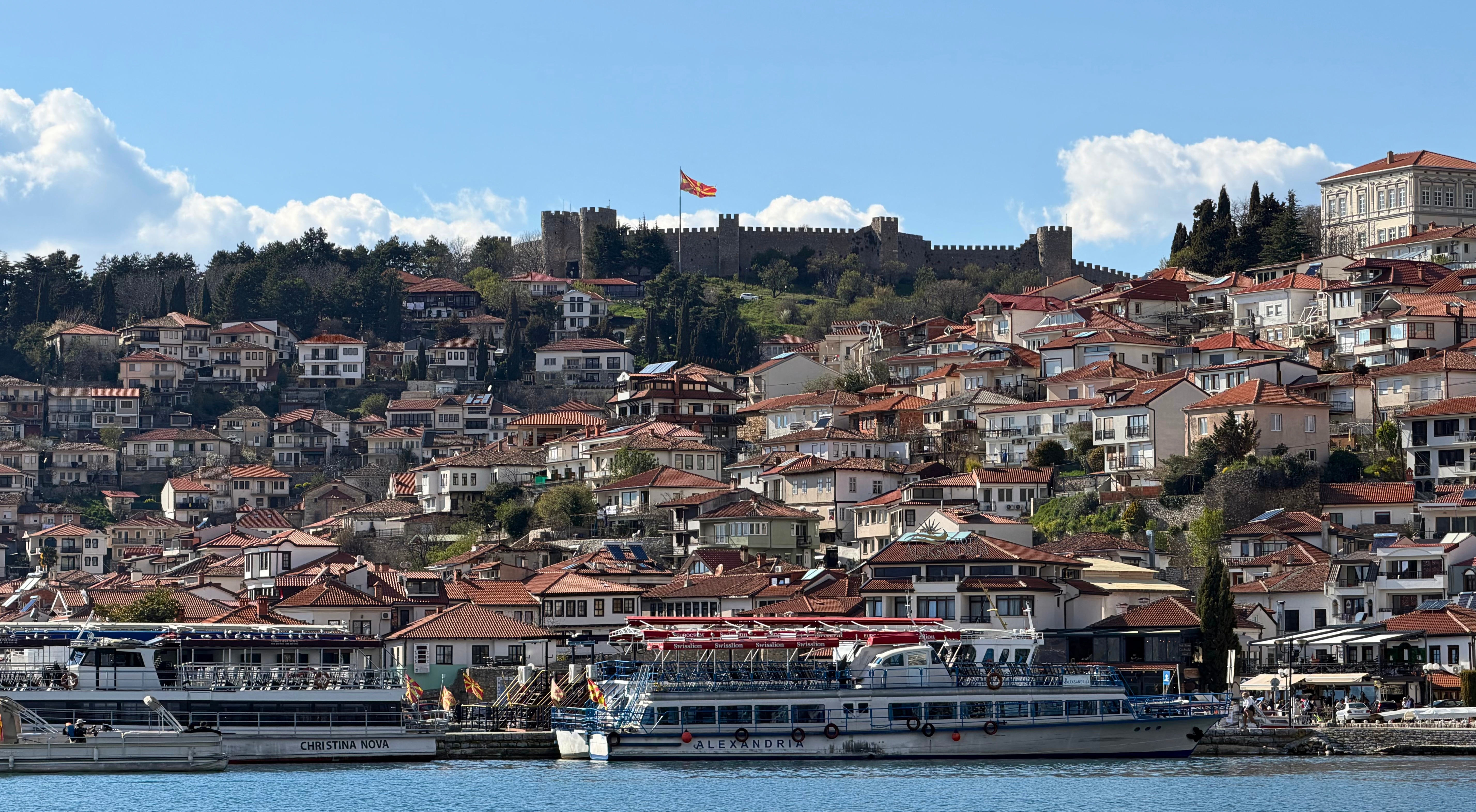 Ohrid rising from the lake toward Tsar Samuel's Fortress.