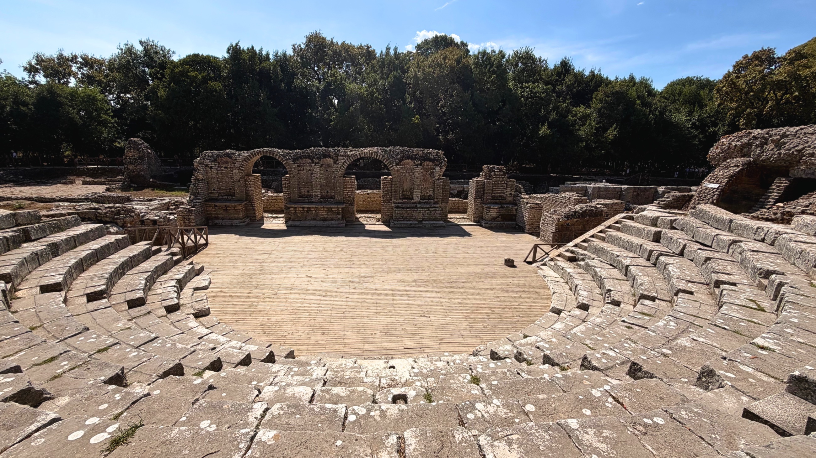 The stone seating and stage of the Hellenistic theatre at Butrint.
