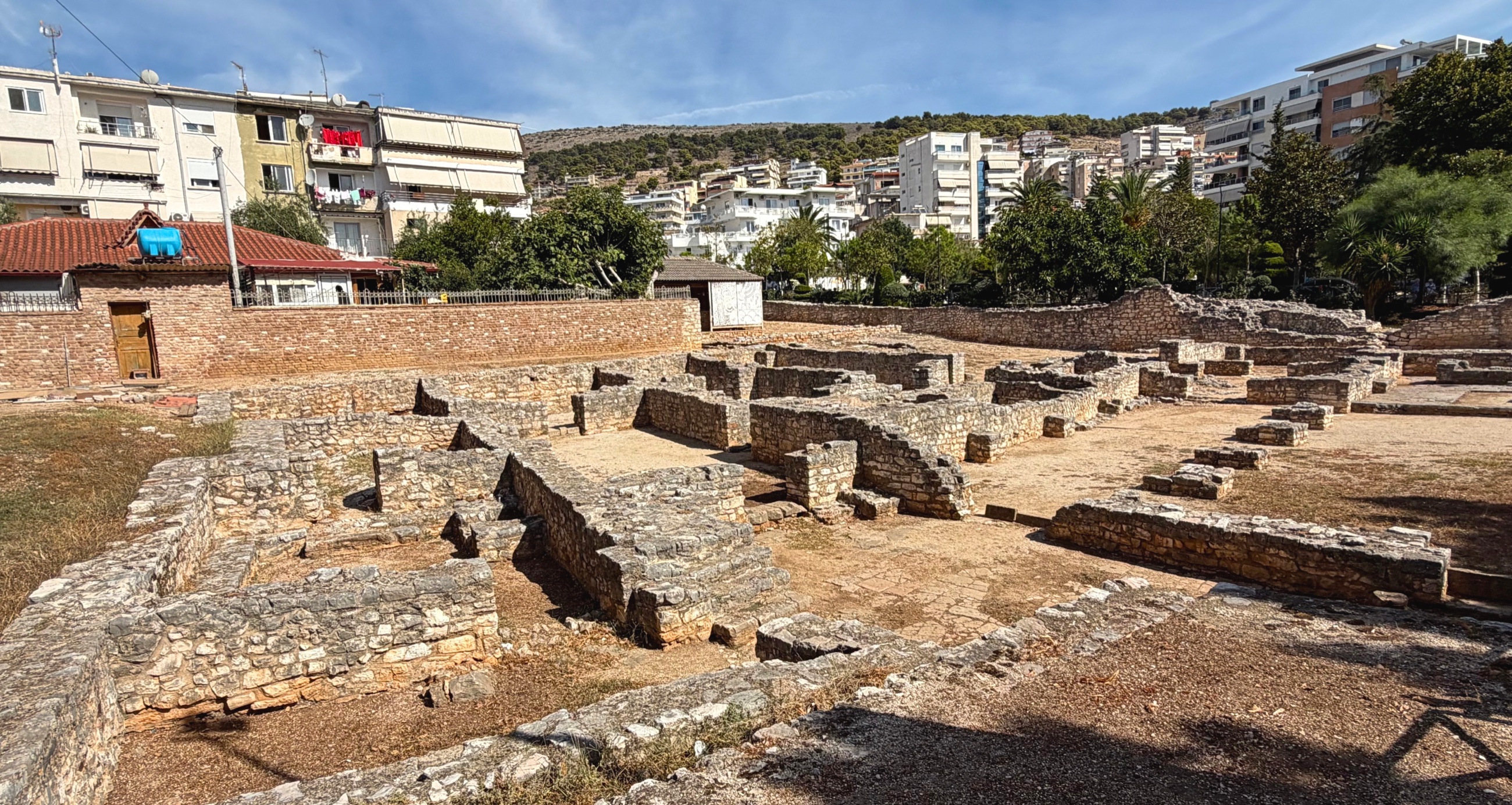 The synagogue-basilica archaeological foundations in central Sarandë.