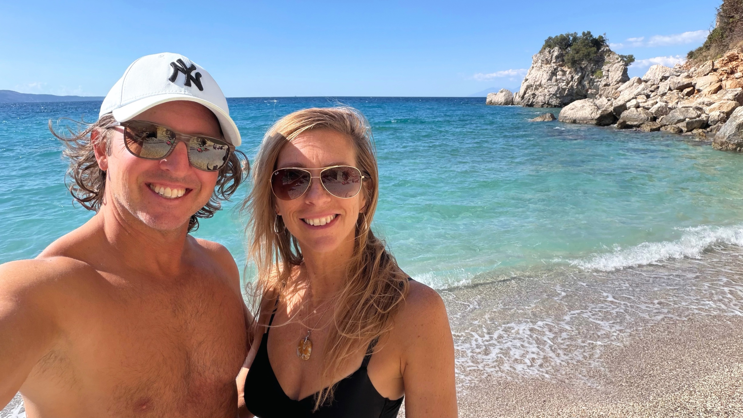 Sam and Stephanie at Mirror Beach beside the Ionian Sea.