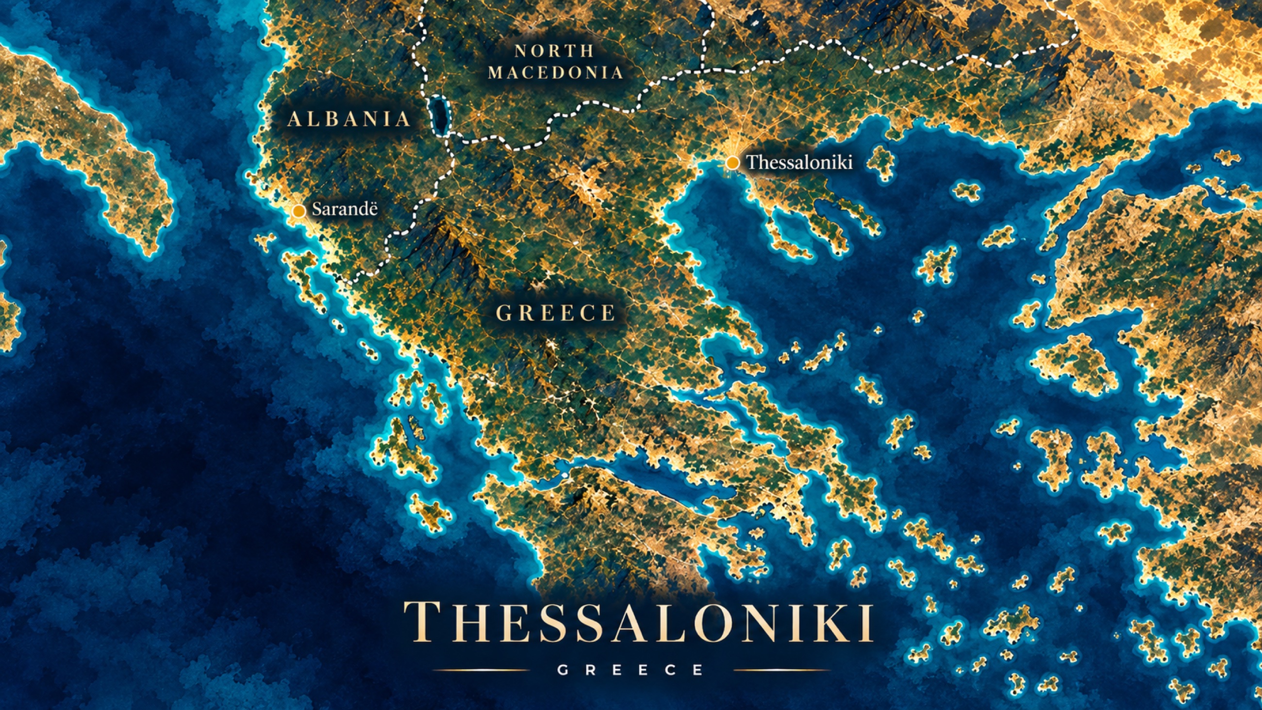 Illustrated map showing Sarandë in Albania and Thessaloniki in Greece.