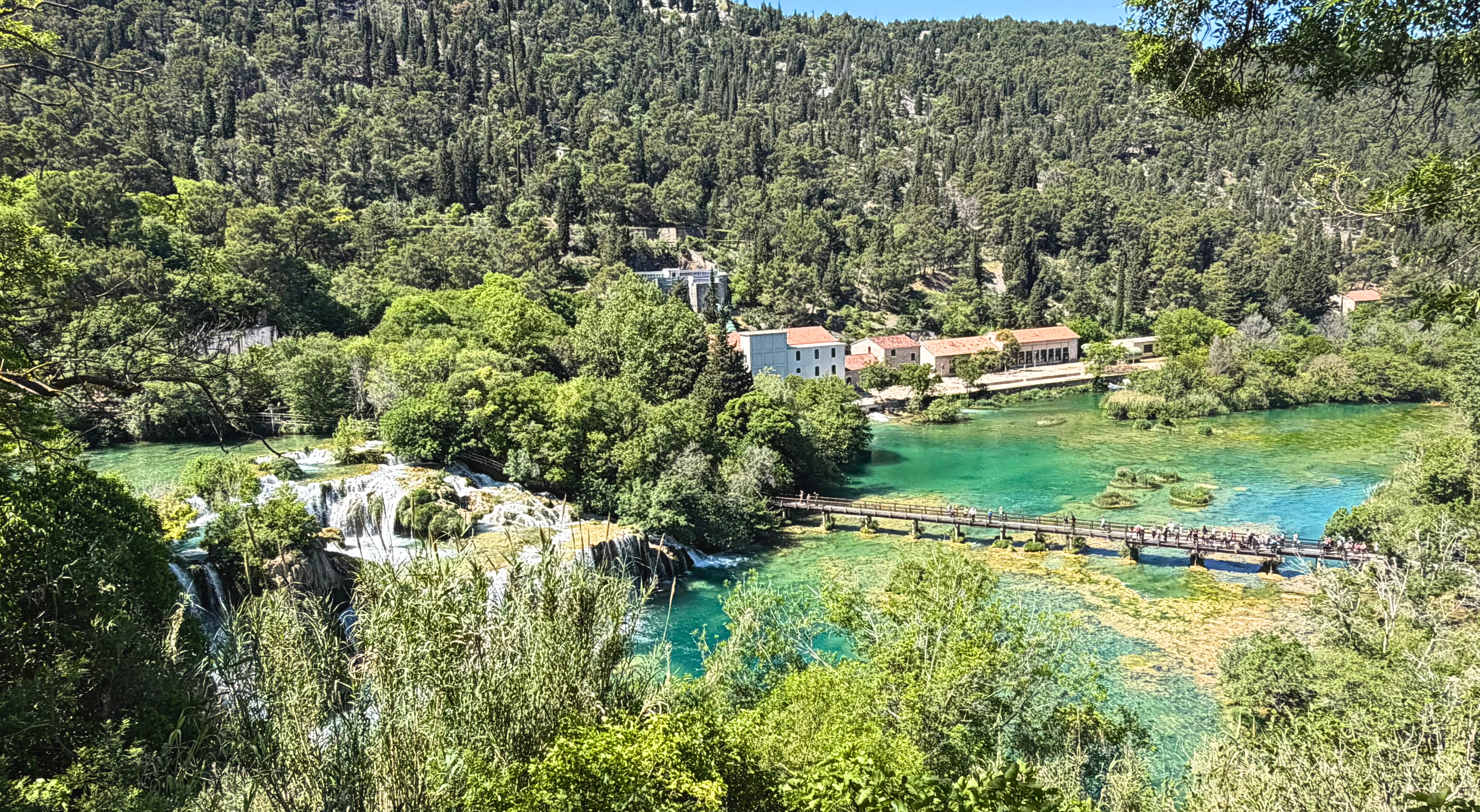 View over Krka National Park, with green pools, reeds, trees, and waterfalls.