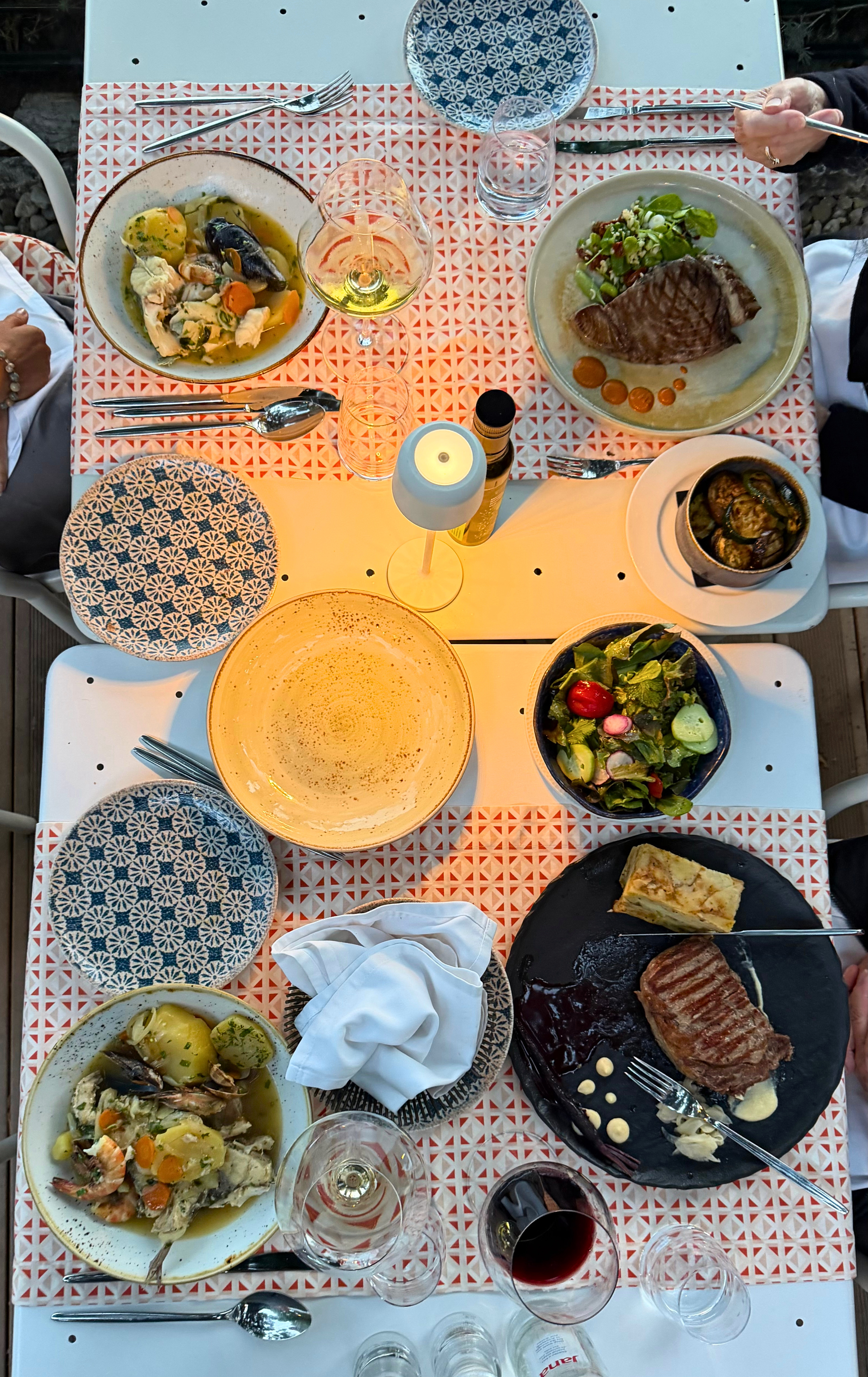 Mother’s Day dinner table at Dvor in Split with plates of seafood, steak, wine, and salad