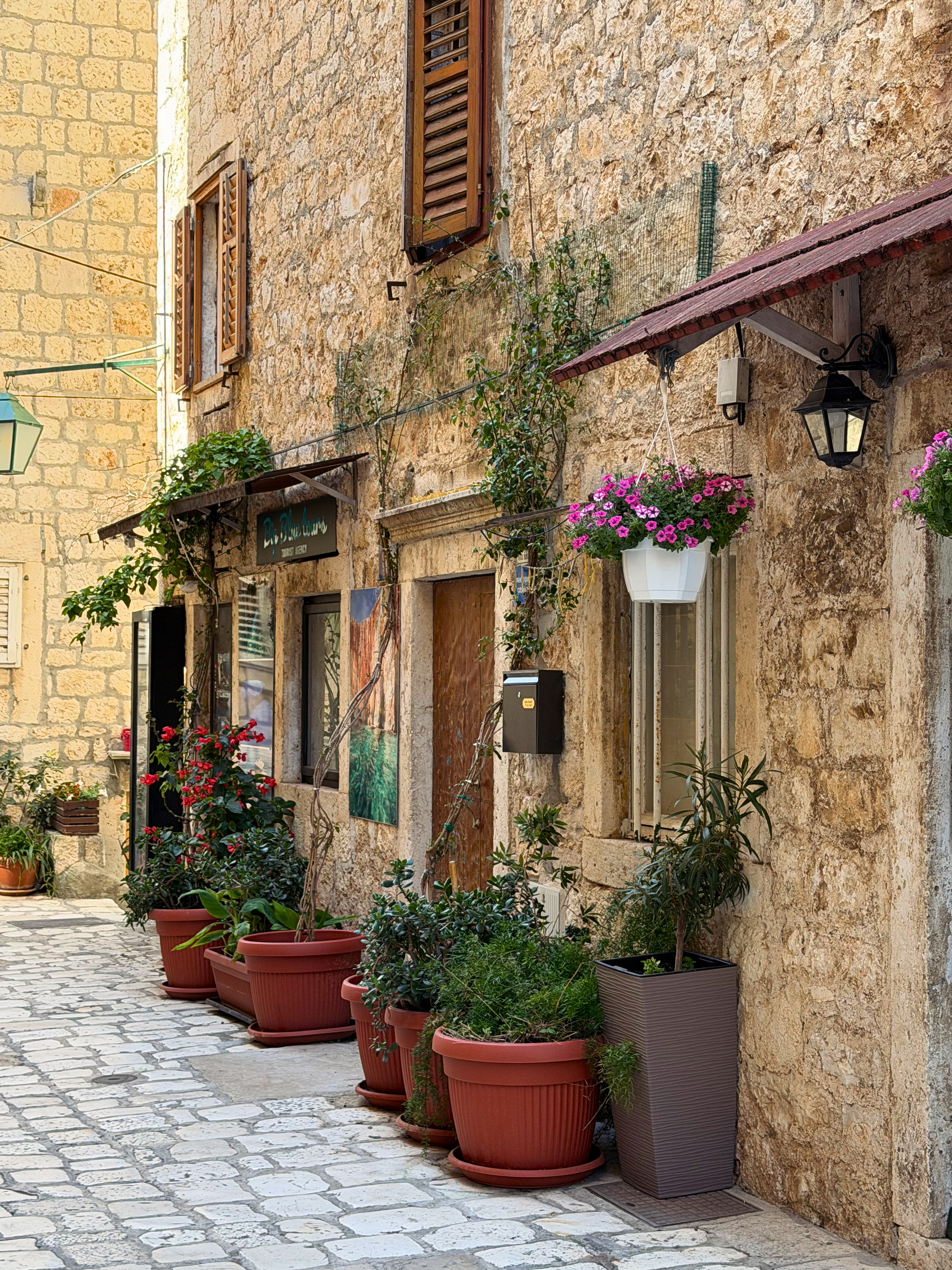 Quiet stone lane in Hvar with shutters, potted plants, and flower boxes