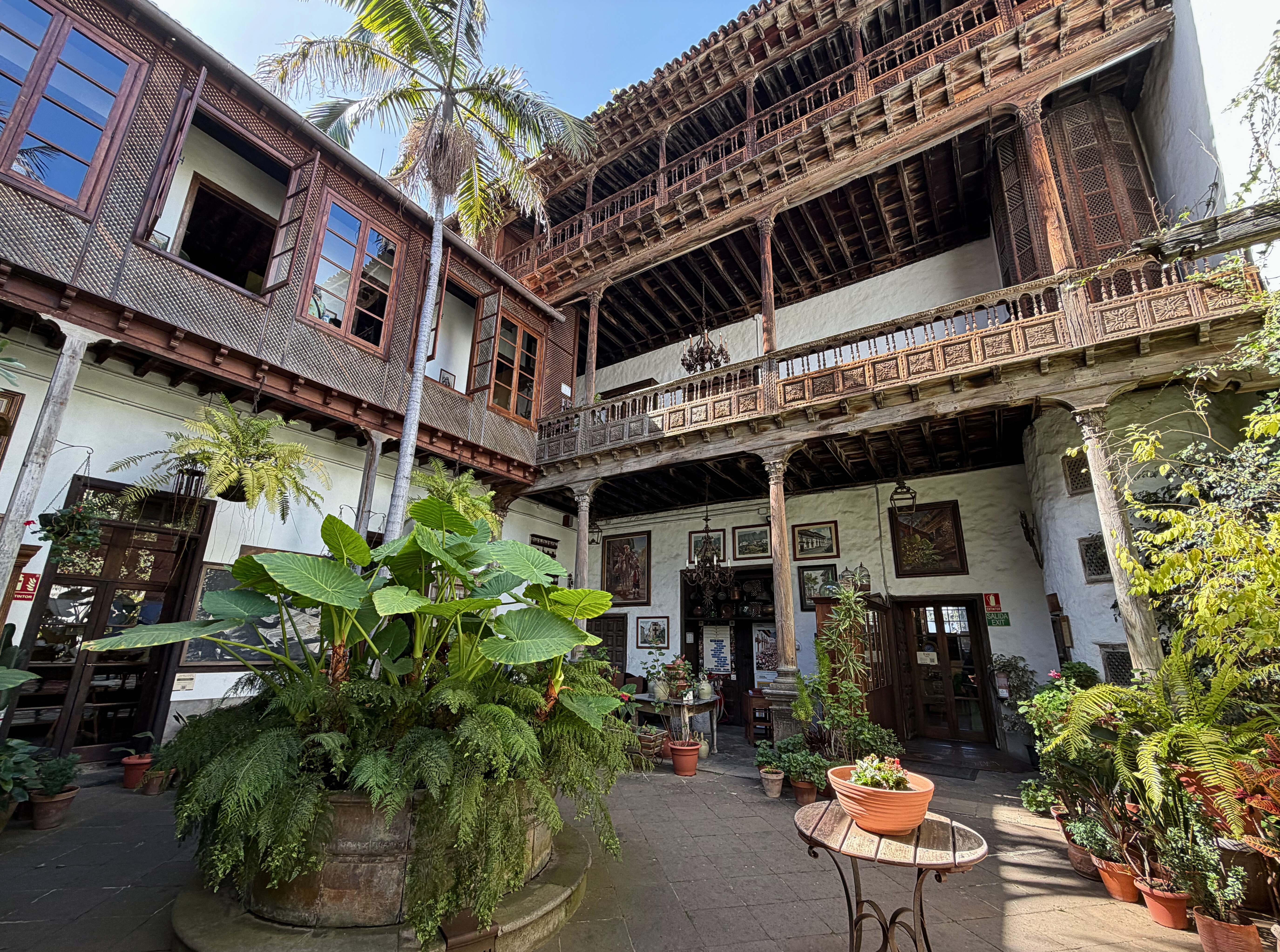 The interior courtyard and wooden balconies of Casa de los Balcones in La Orotava.