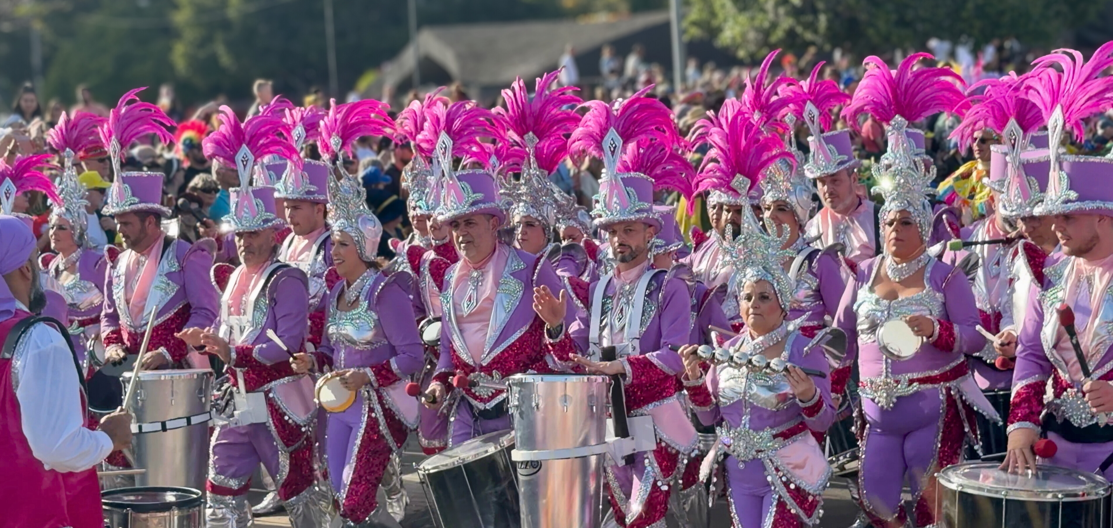 Musicians in bright pink feathered costumes playing drums during the Santa Cruz Carnival parade.