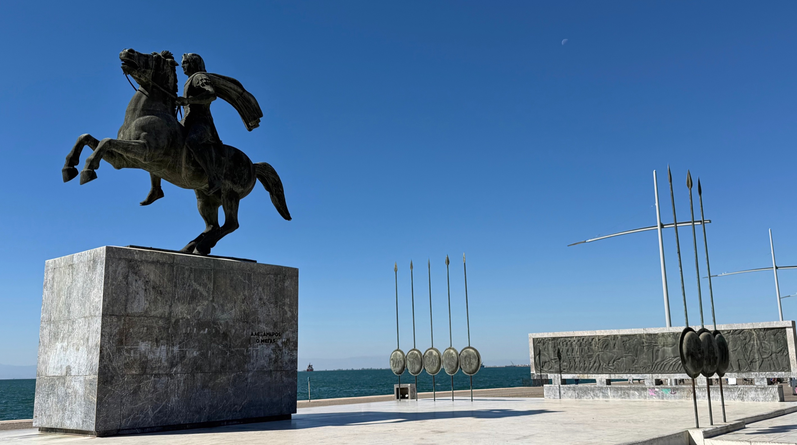 The bronze statue of Alexander the Great on Bucephalus beside the waterfront