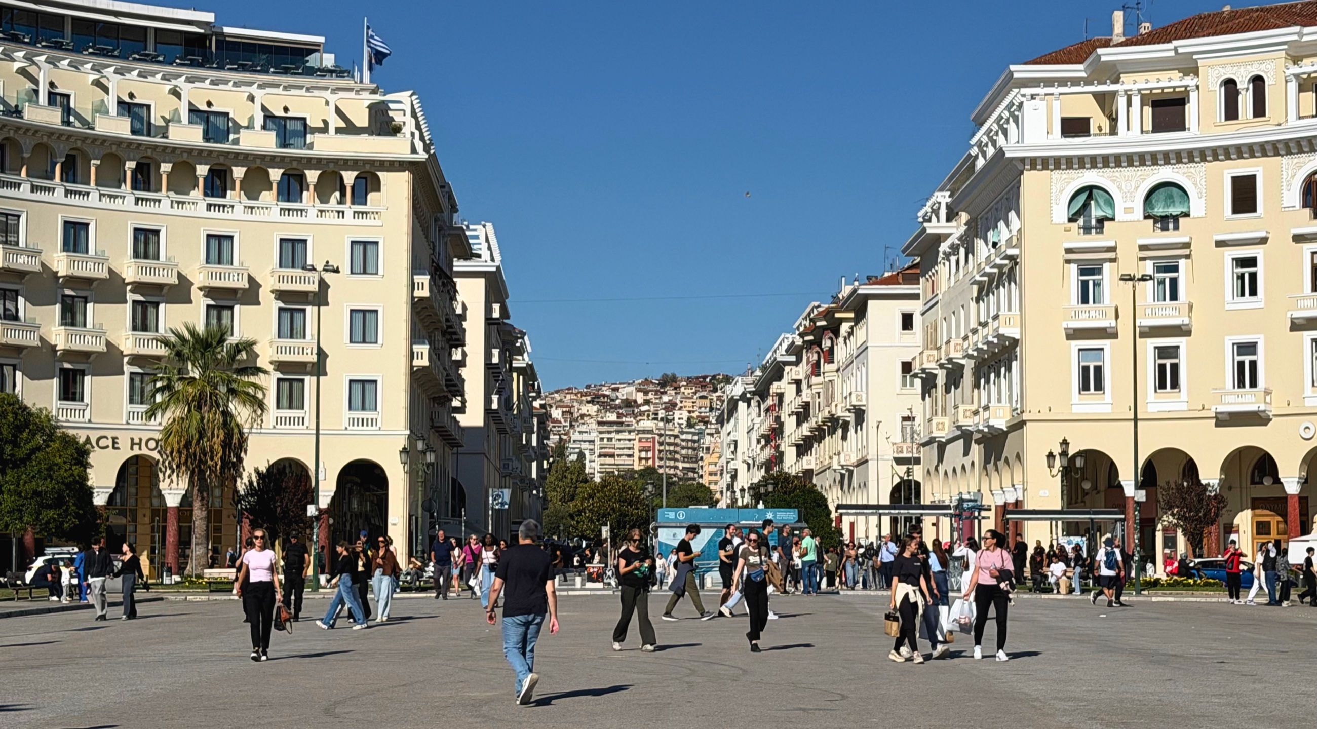 Pedestrians crossing Aristotle Square in Thessaloniki
