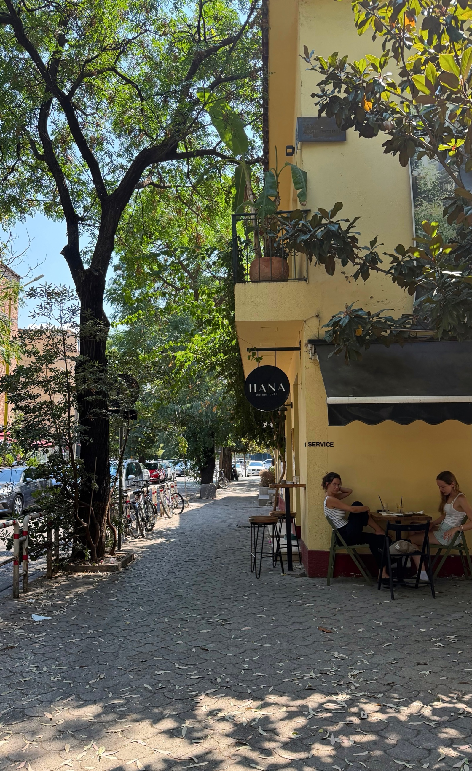 The shaded sidewalk outside HANA Corner Café in Blloku, with mature trees and outdoor tables along the street.