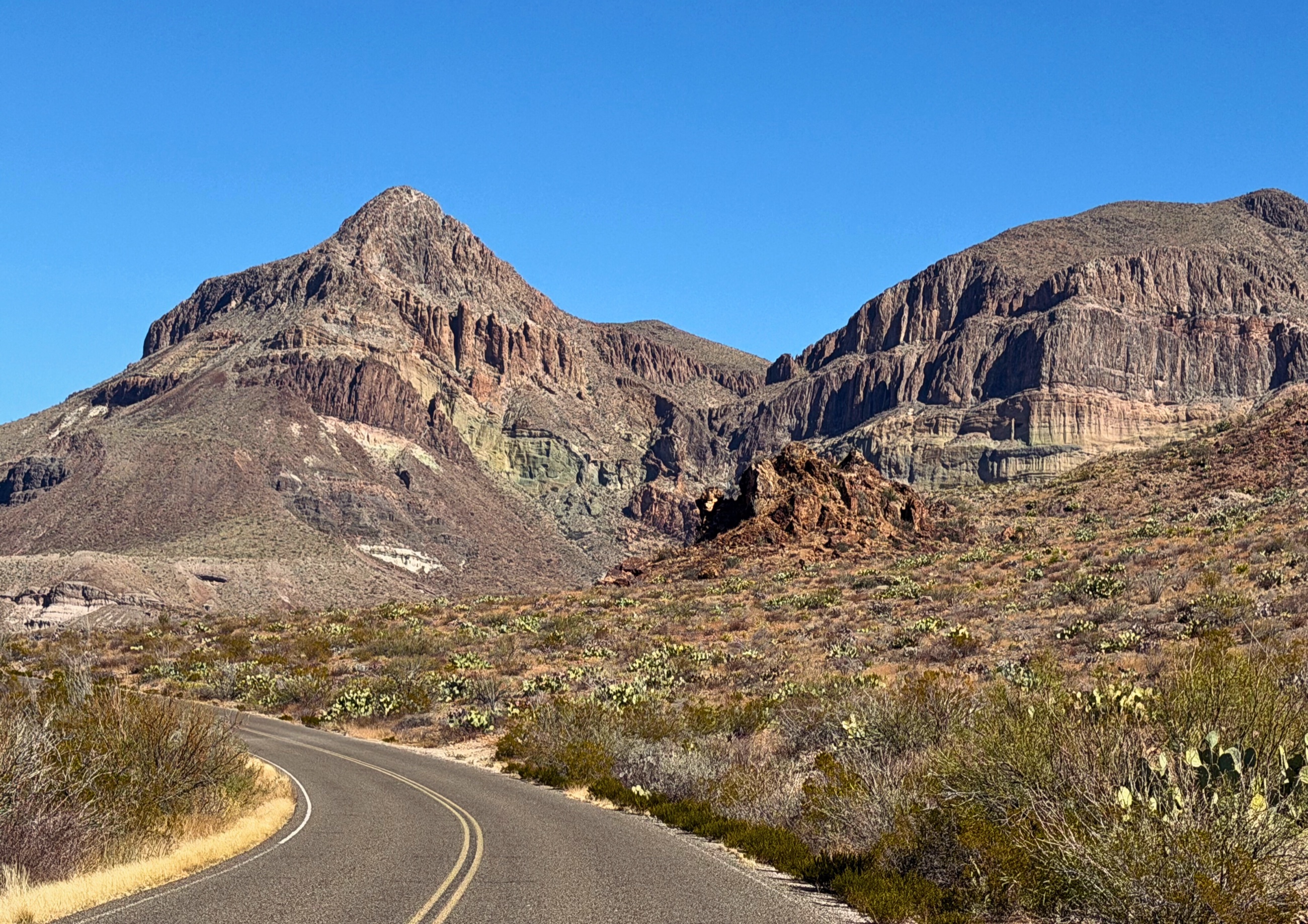 Ross Maxwell Scenic Drive crossing the desert in Big Bend National Park.