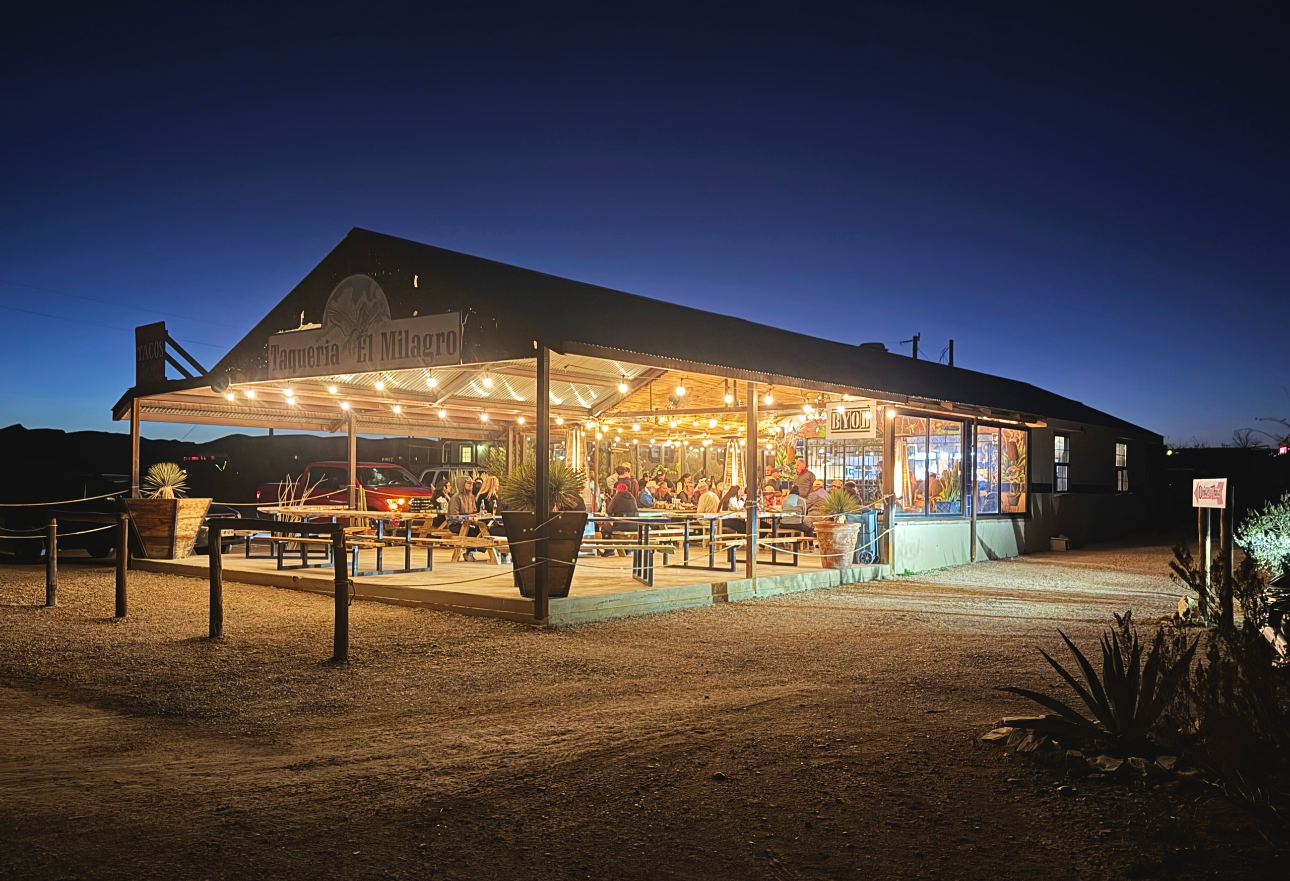 The exterior of Taqueria El Milagro in Terlingua, Texas.