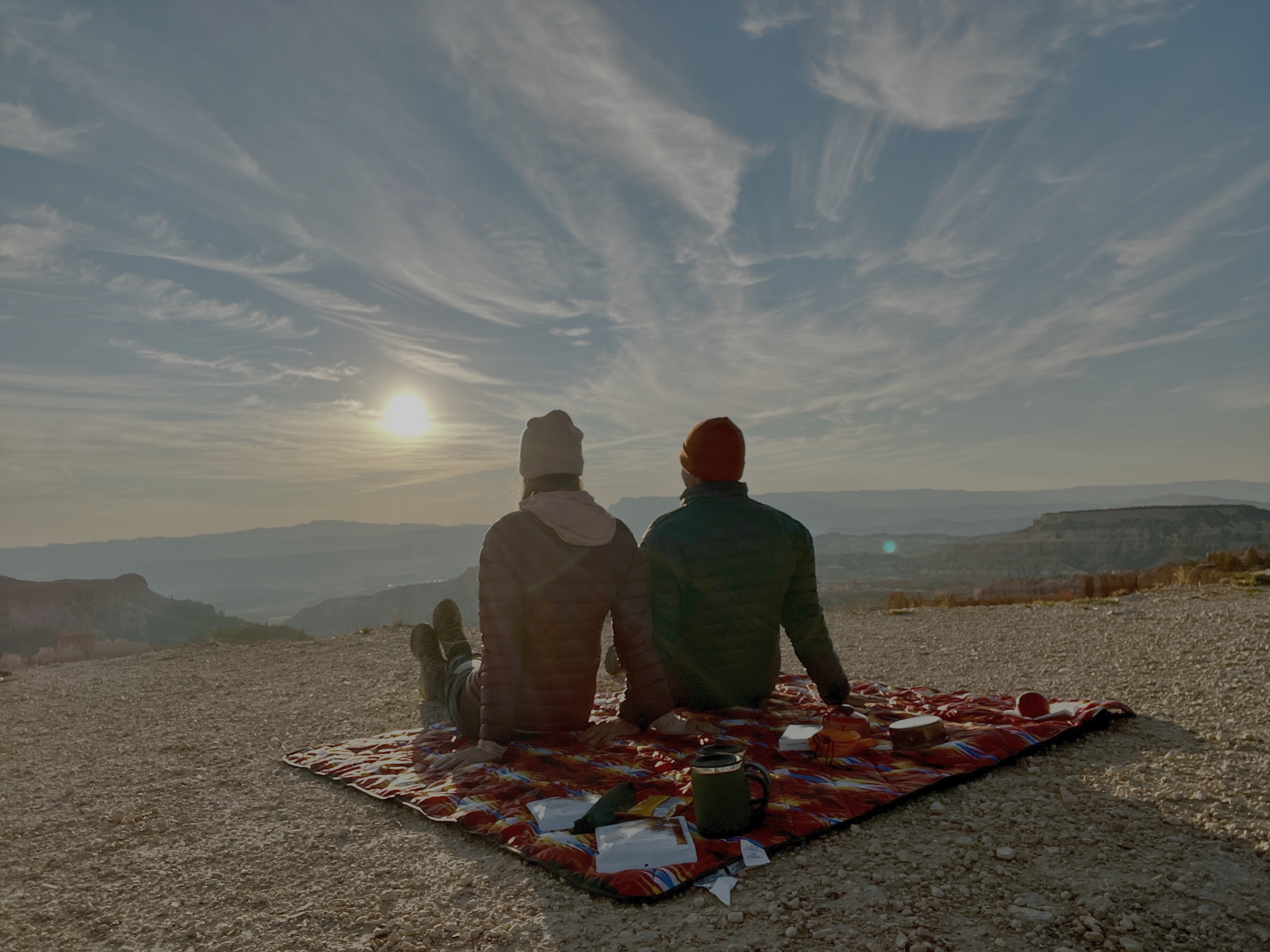 A simple picnic breakfast and coffee setup on the rim at Sunrise Point in Bryce Canyon.