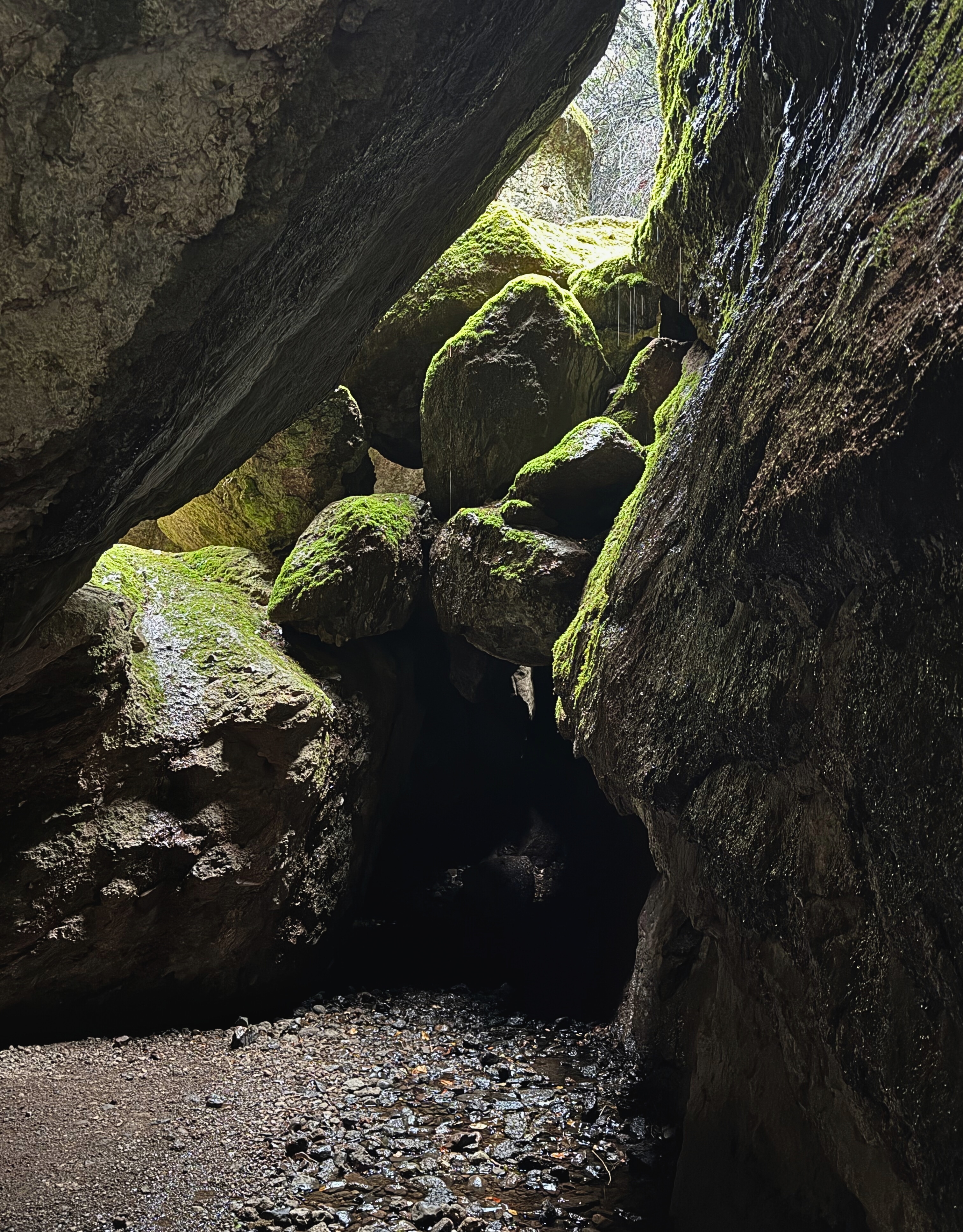 Inside the dark passages of the talus caves at Pinnacles National Park