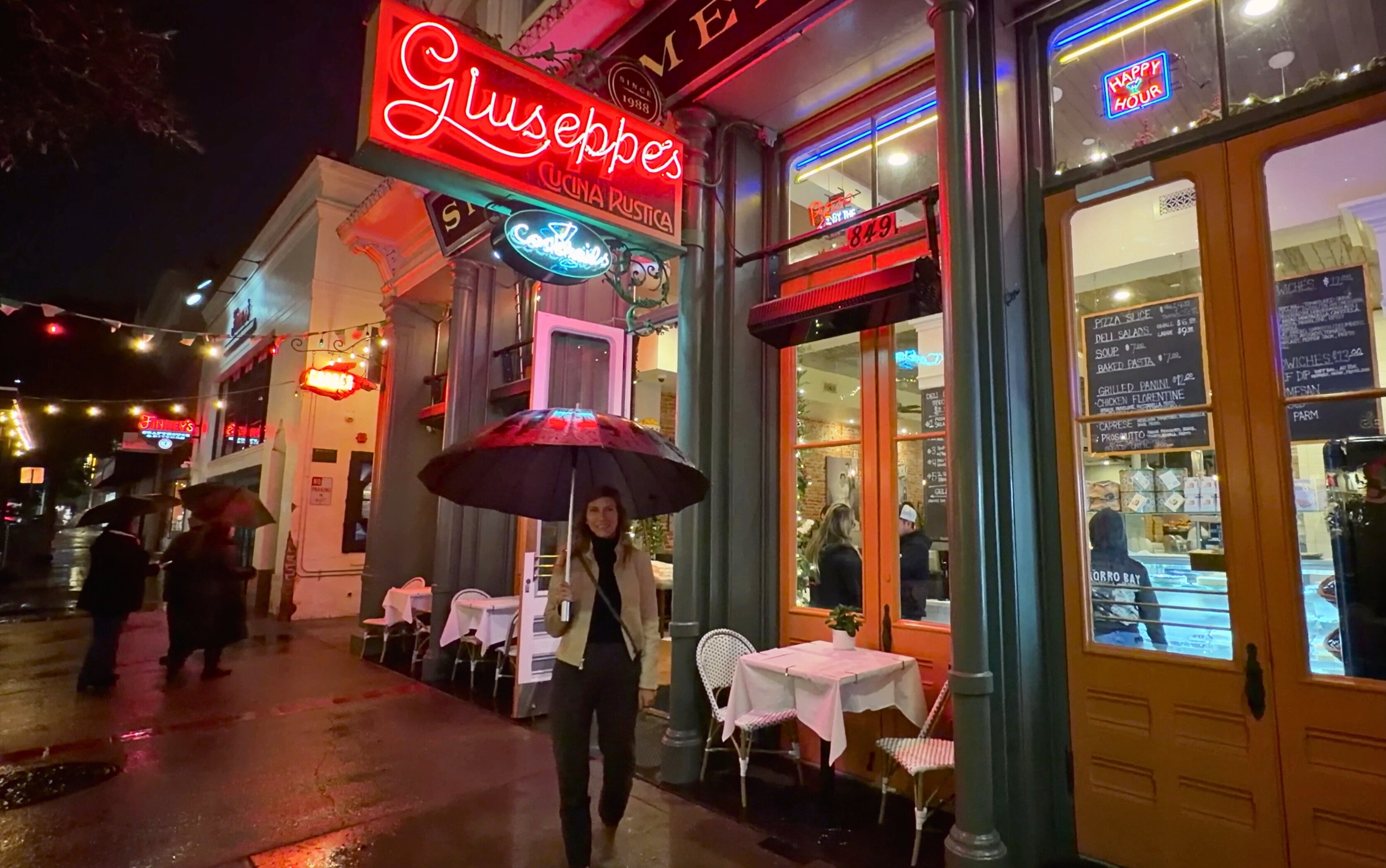 Giuseppe's restaurant in San Luis Obispo during a rainy evening