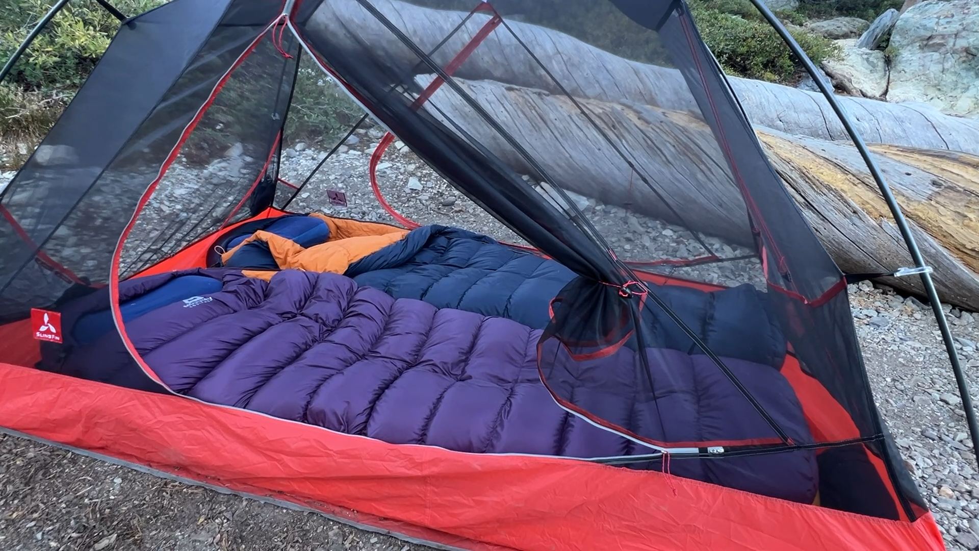 A compact backpacking setup inside a tent near Rock Lake in California's Lakes Basin.