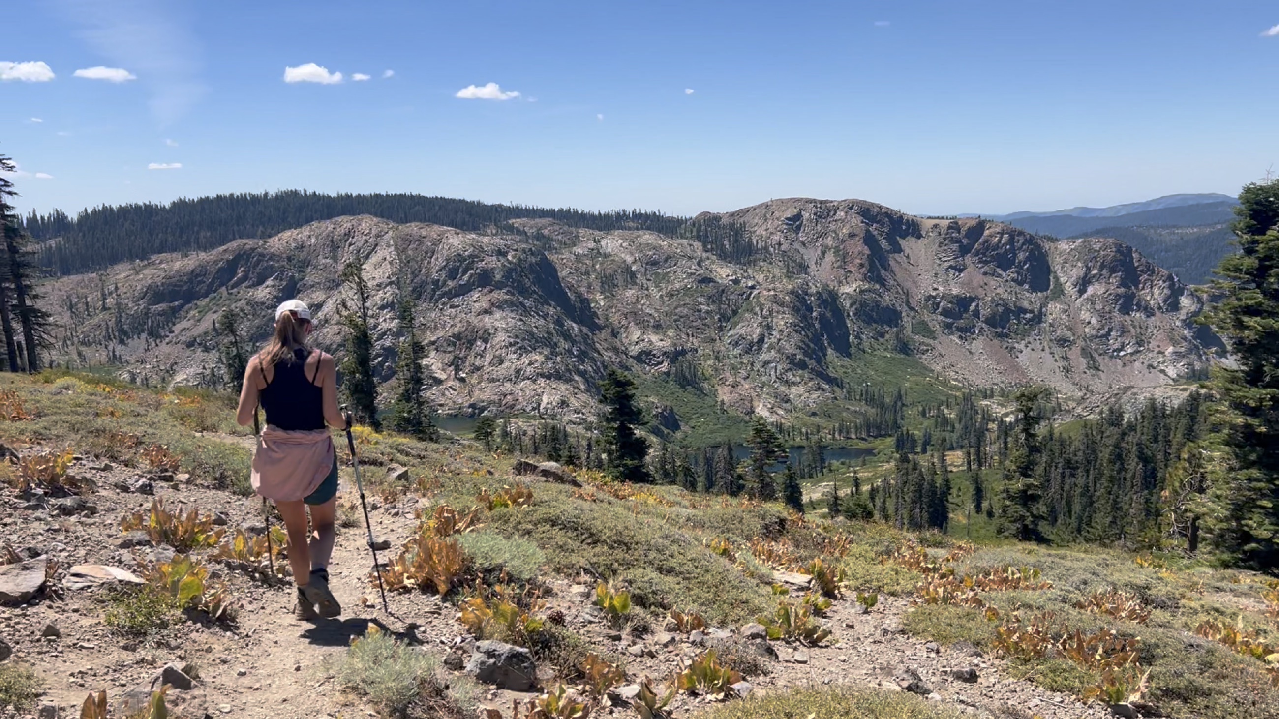 A trail marker and path along the Pacific Crest Trail in the Sierra Nevada.