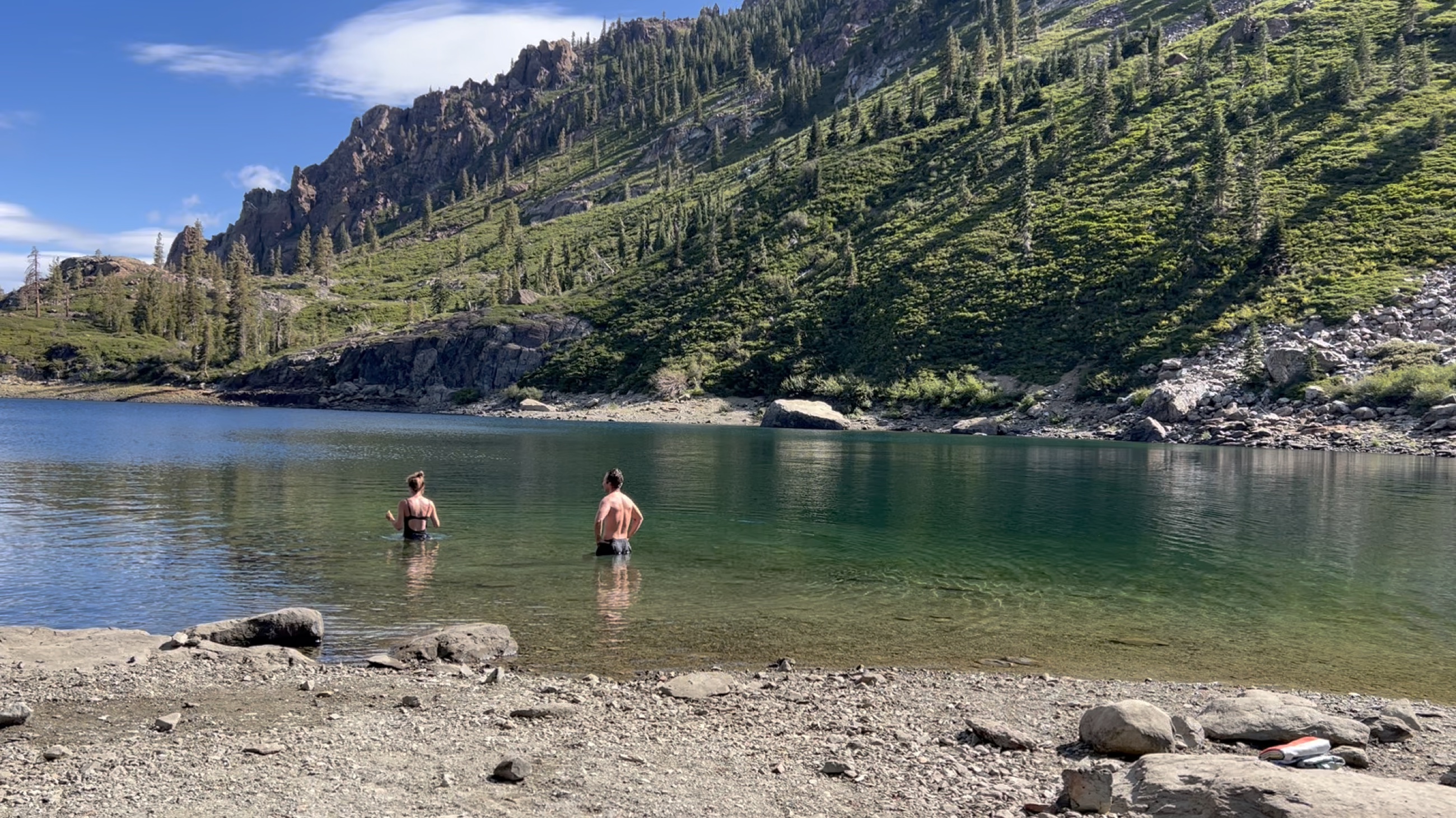 Stephanie taking a cold plunge in Rock Lake in California's Lakes Basin.