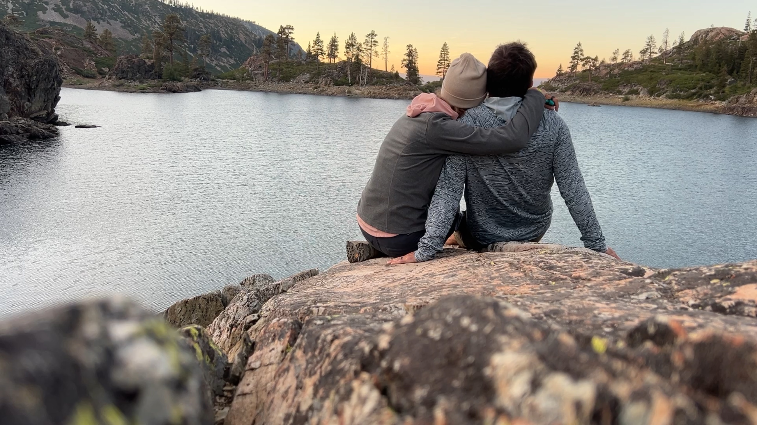 Sunset light over Rock Lake in California's Lakes Basin.