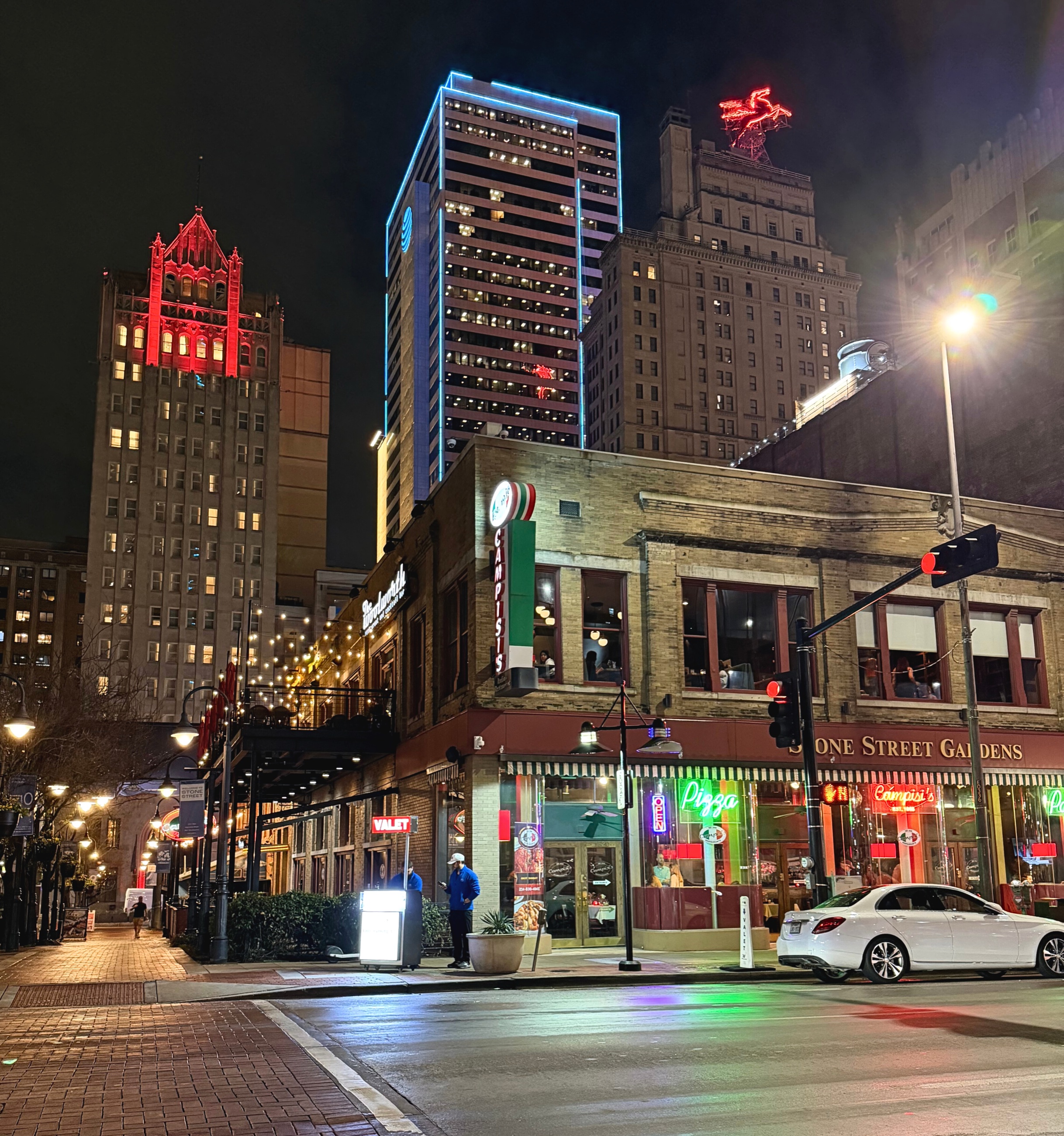 The exterior of Campisi's in Dallas at night.