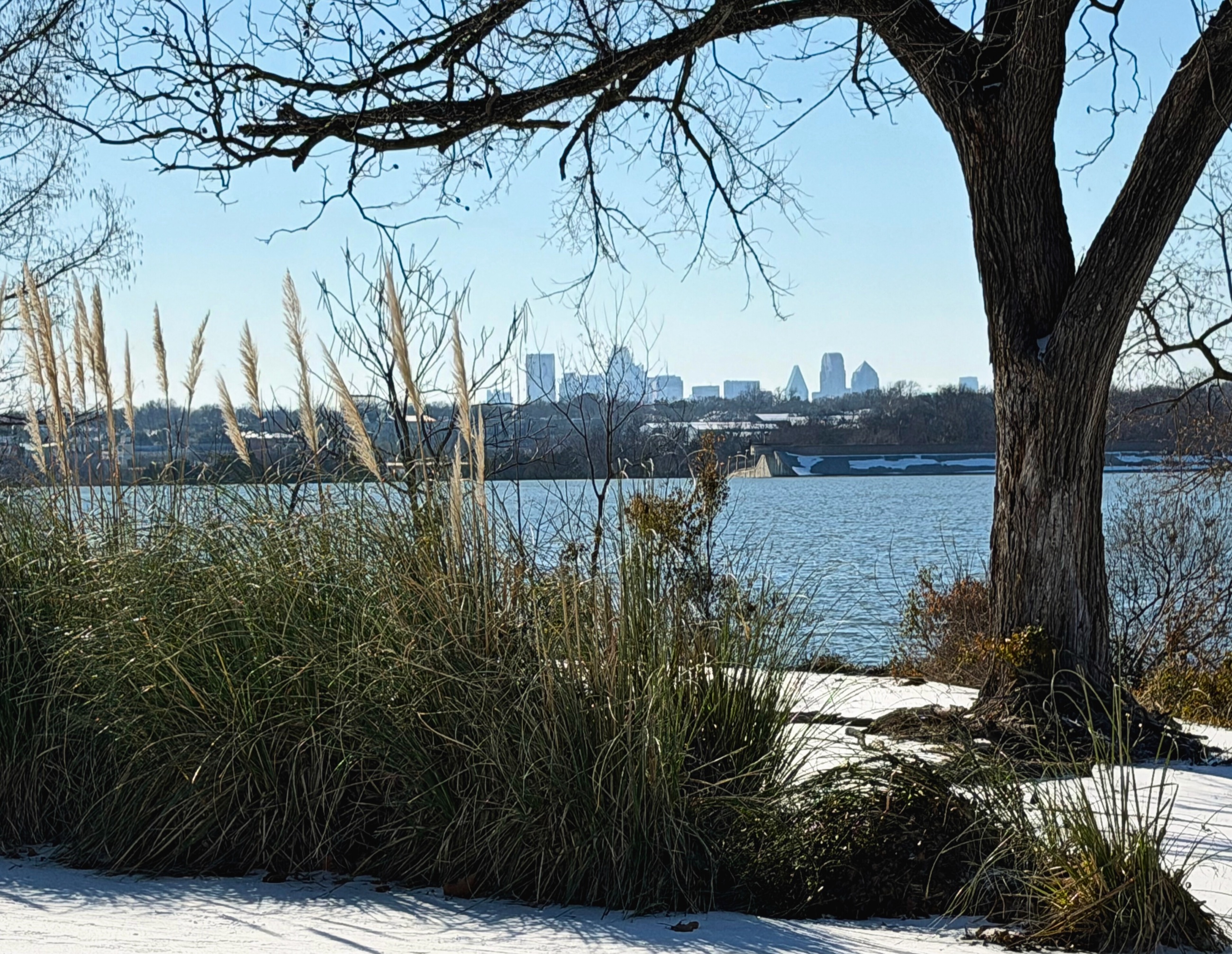 The Dallas skyline across snow and water.