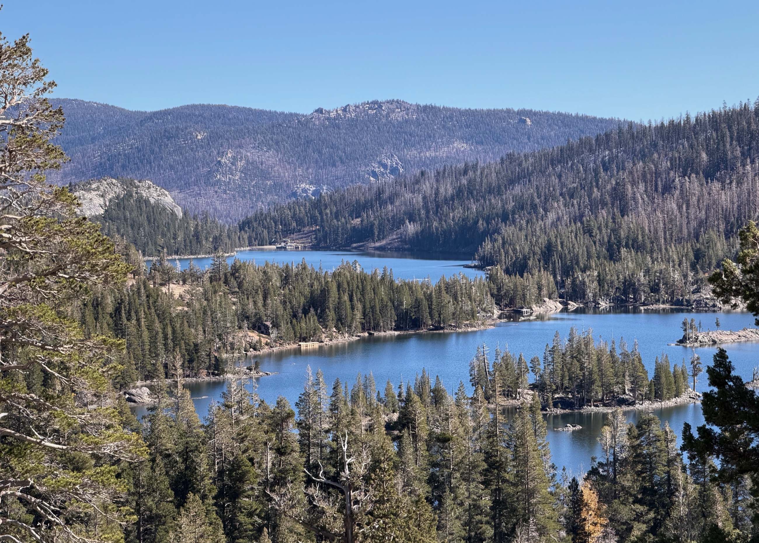 Echo Lakes surrounded by granite ridges and conifer forest in Desolation Wilderness.