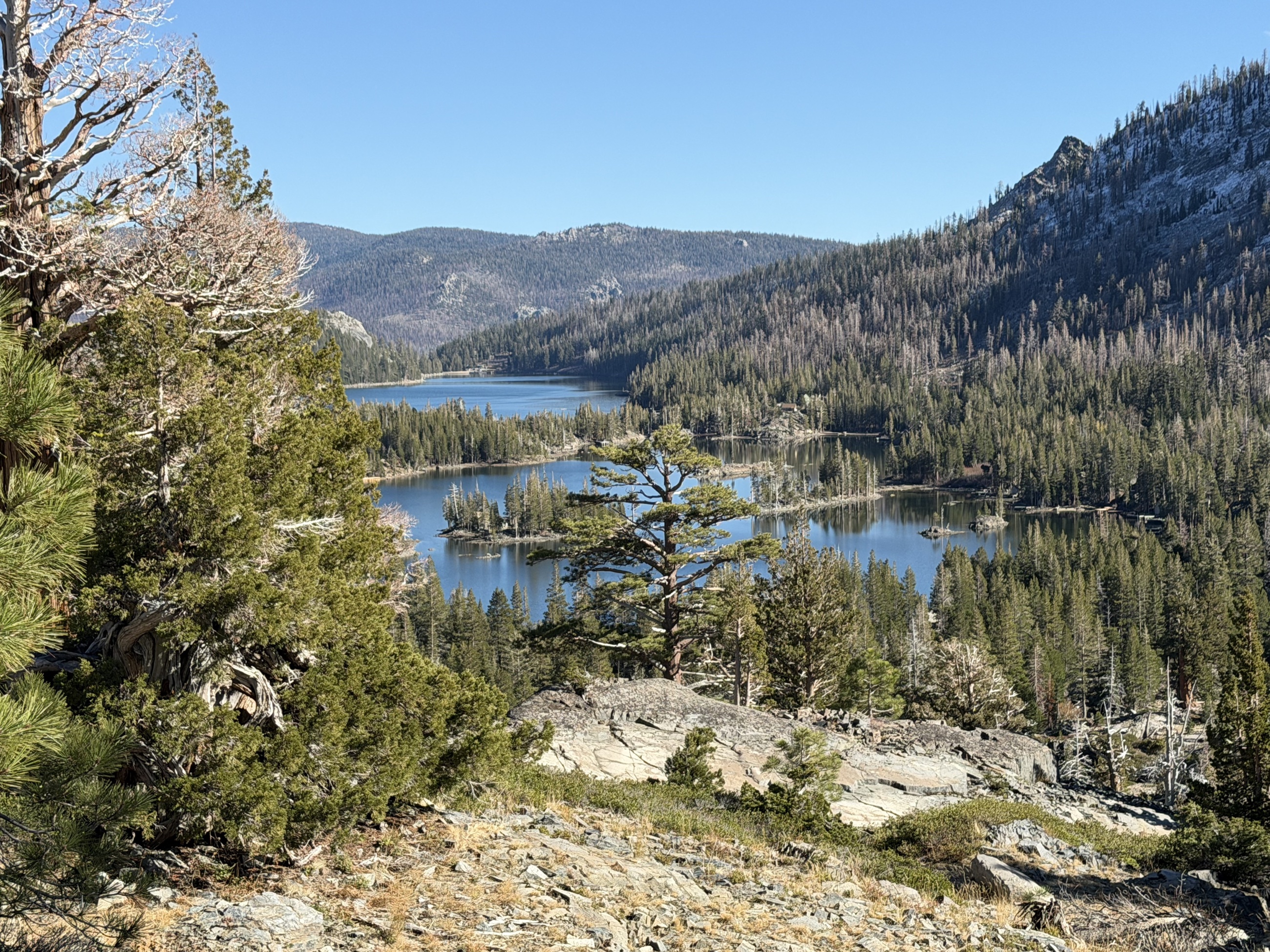 A wide view across the linked basins of Echo Lakes.
