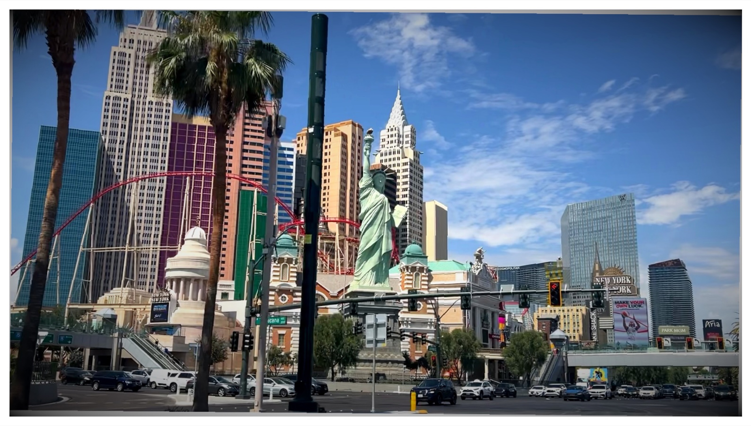 The New York-New York skyline and replica Statue of Liberty on the Las Vegas Strip.