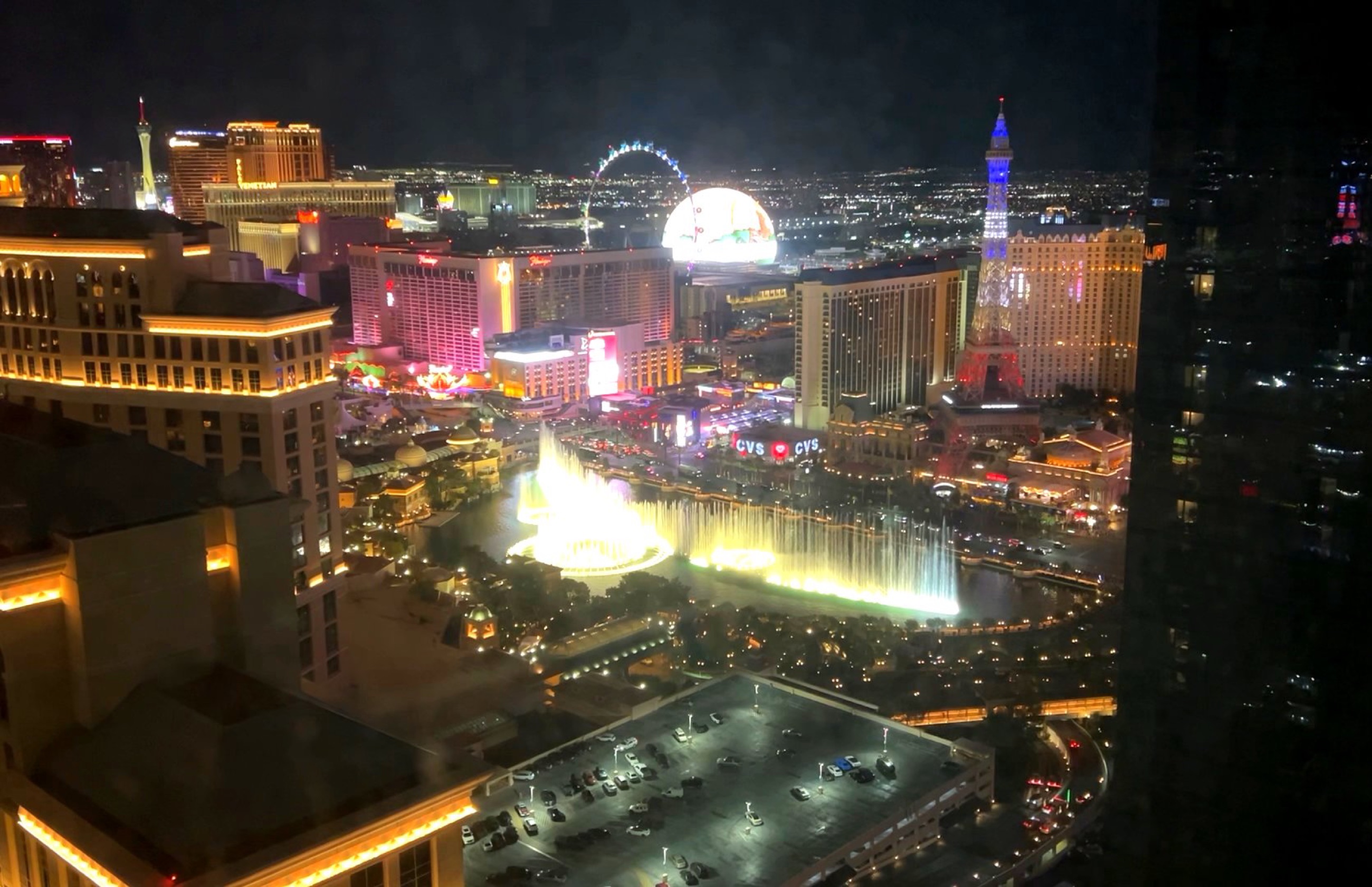 The Las Vegas Strip at night from a high hotel room.