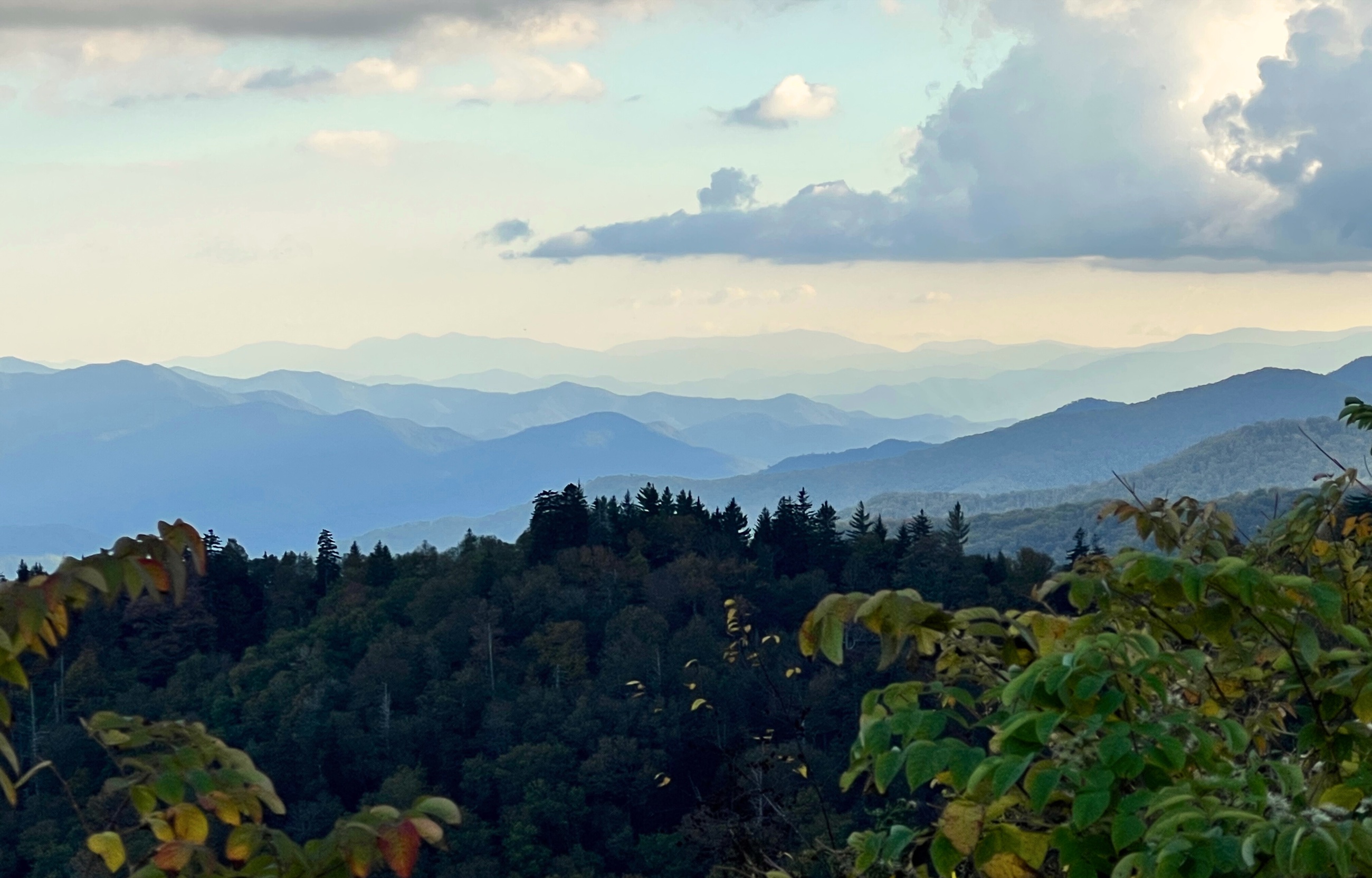 Blue mountain ridgelines receding into the distance at Great Smoky Mountains National Park.