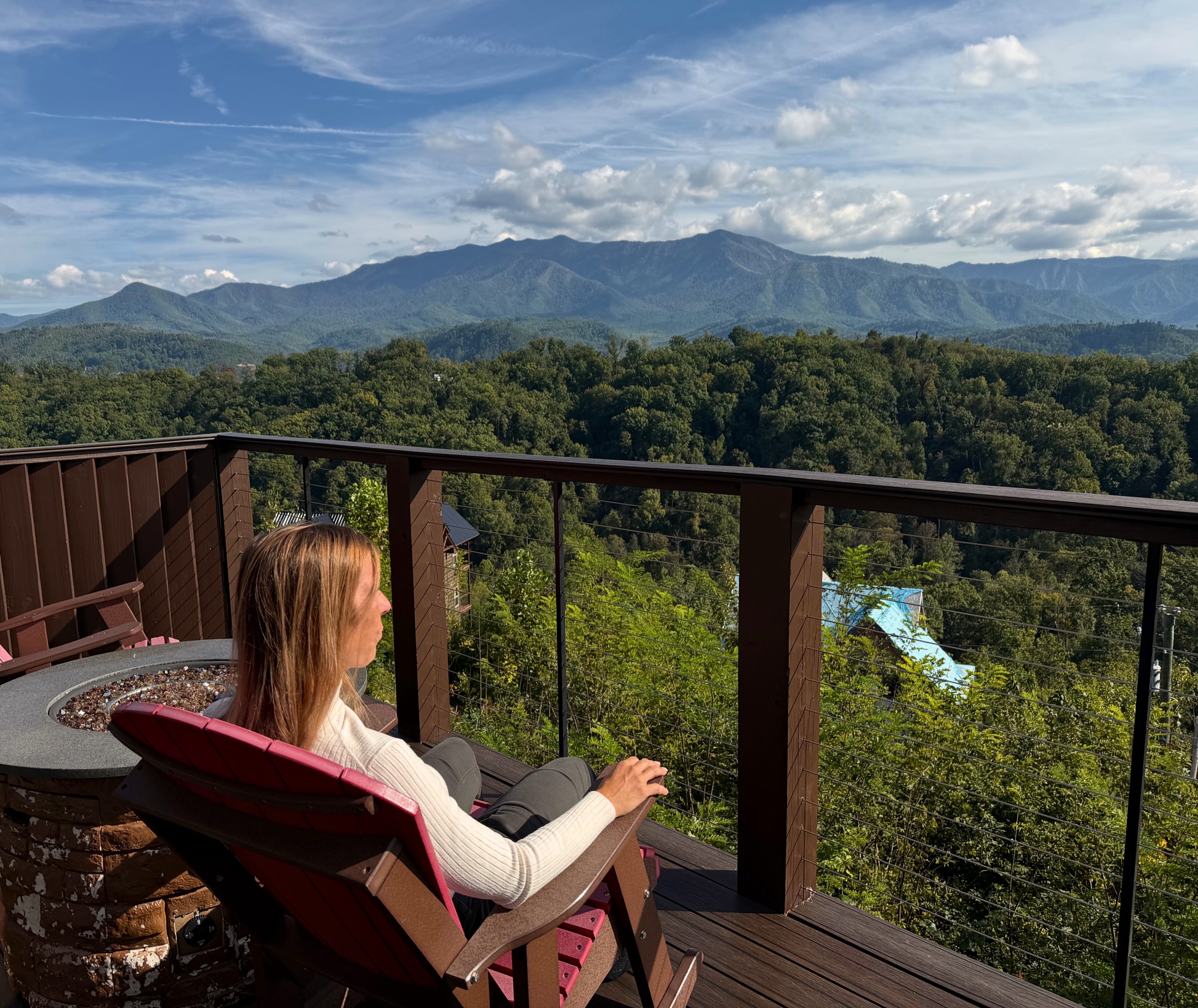 A mountain-view patio or balcony scene in Gatlinburg, Tennessee.