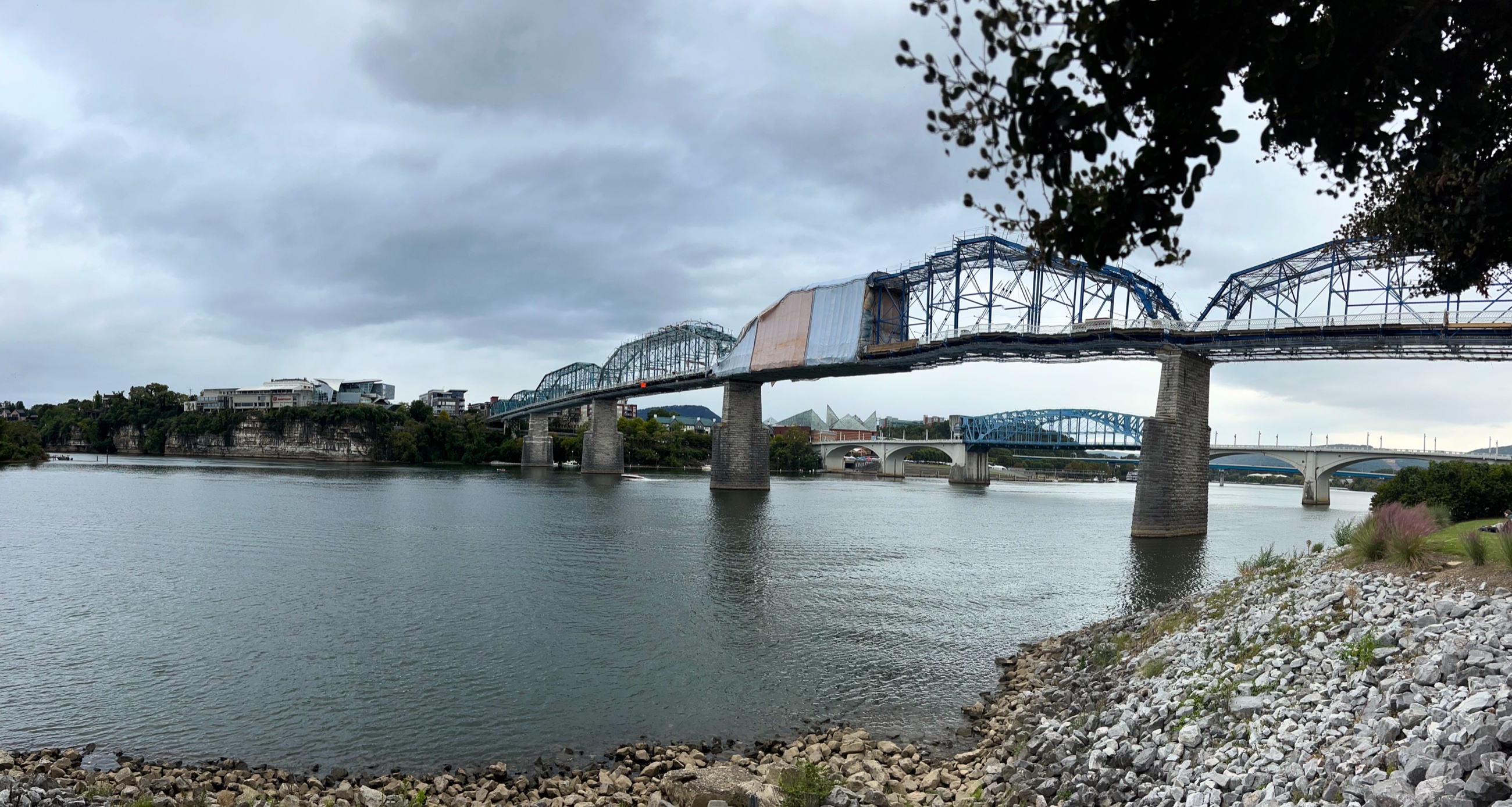 The Walnut Street Bridge under renovation, spanning the Tennessee River near downtown Chattanooga.