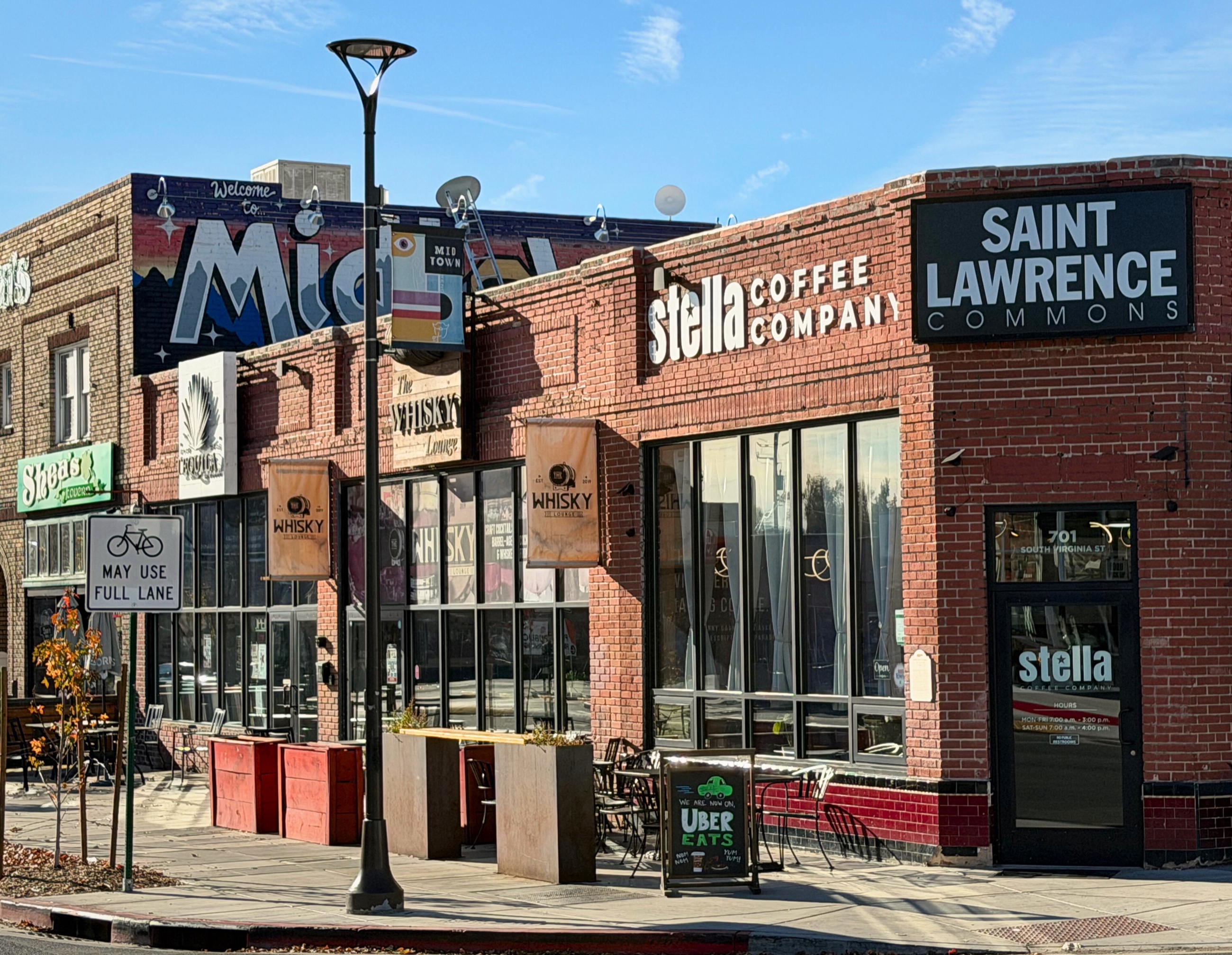 Independent storefronts along a Midtown Reno street